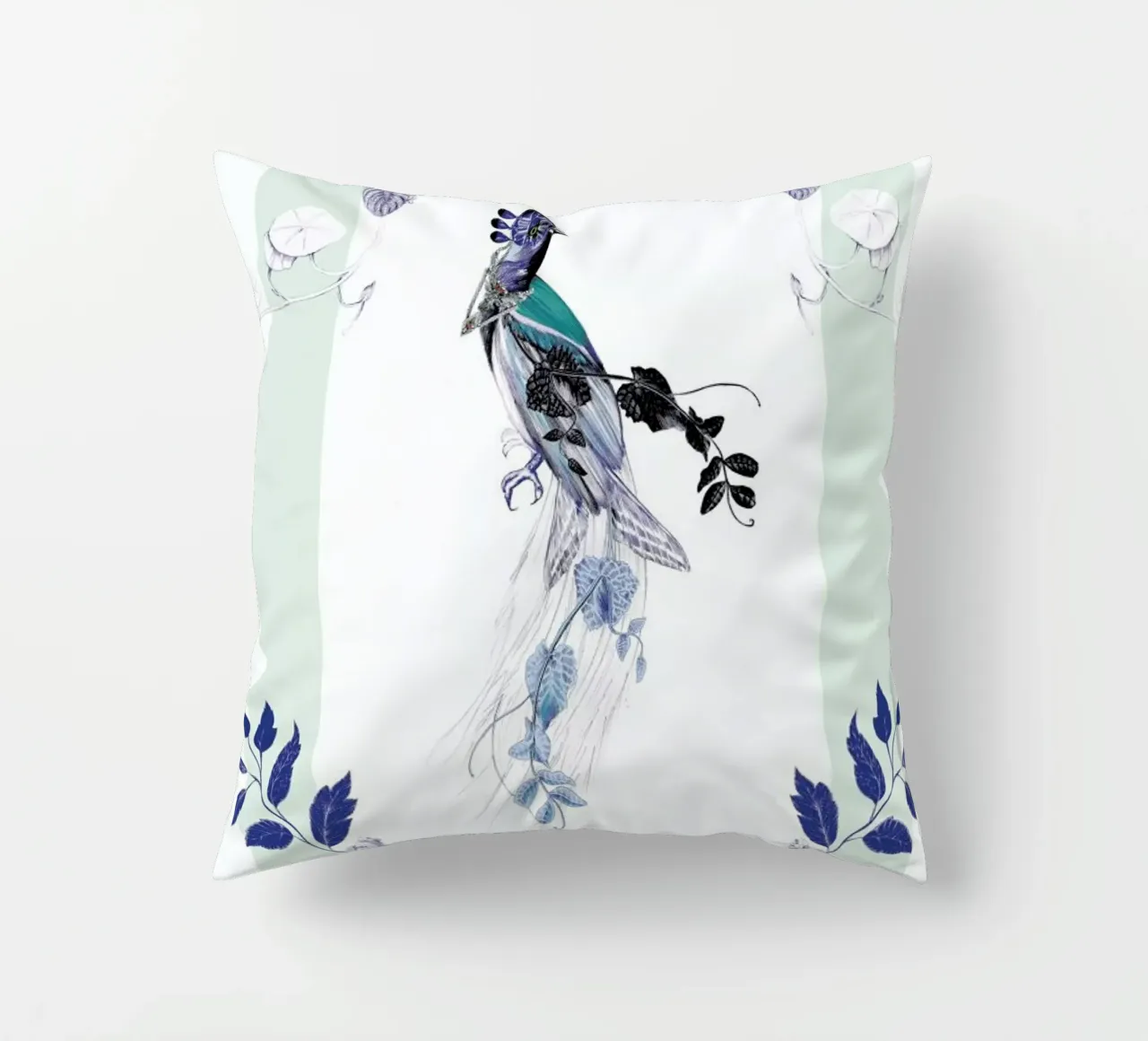 Magpie Bird Mint decorative cushion by La Scarlatte