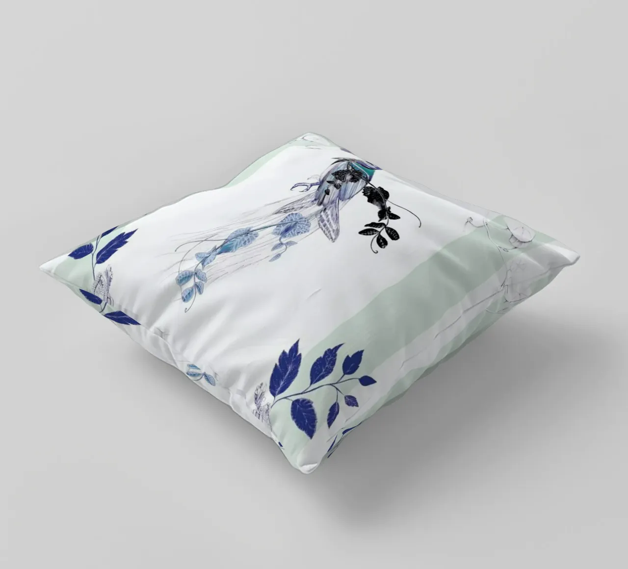 Magpie Bird Mint decorative cushion by La Scarlatte