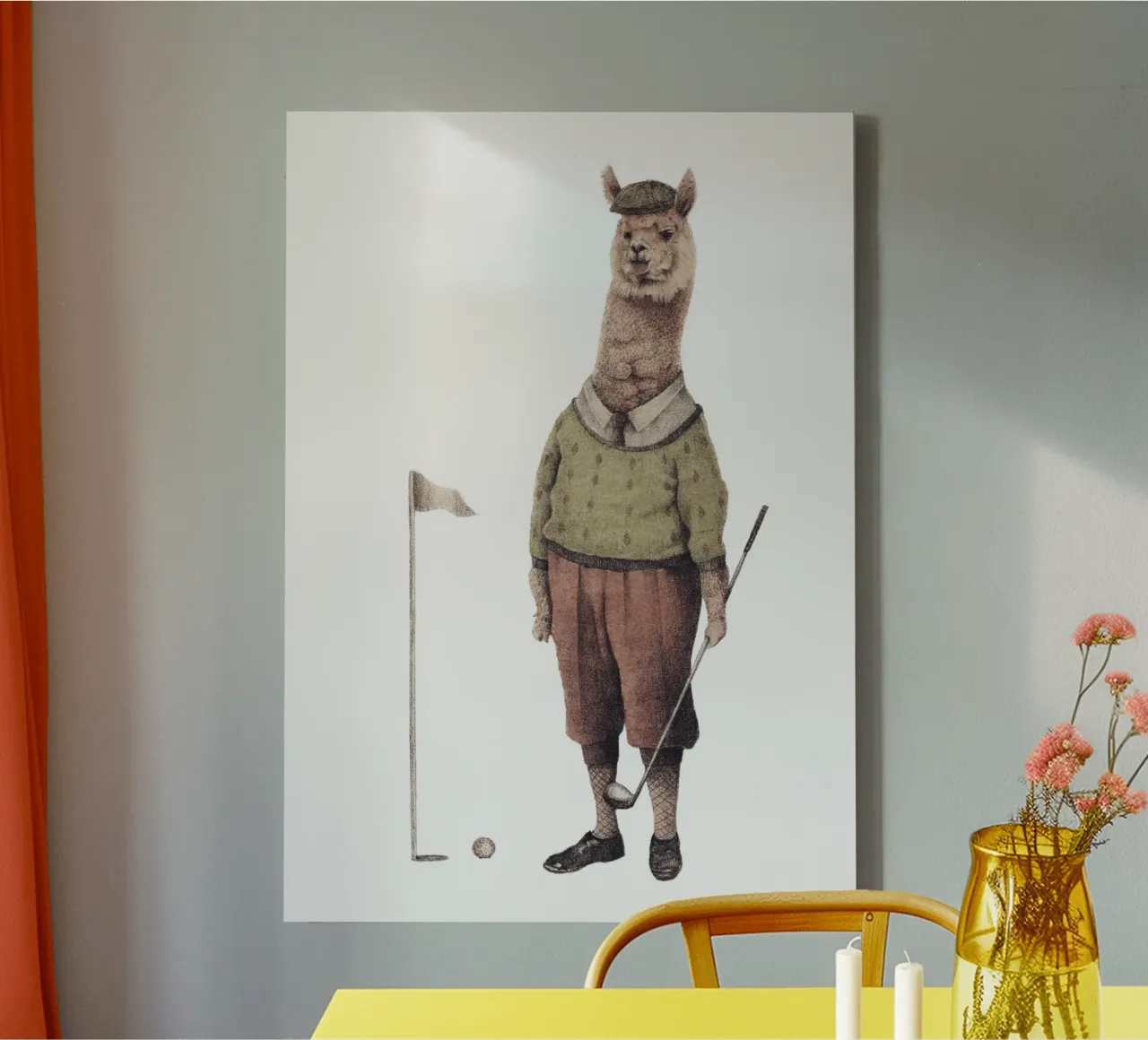 Stampa d'arte vintage sul lama che gioca a golf tela con Cornice a cassetta da mikekoubou