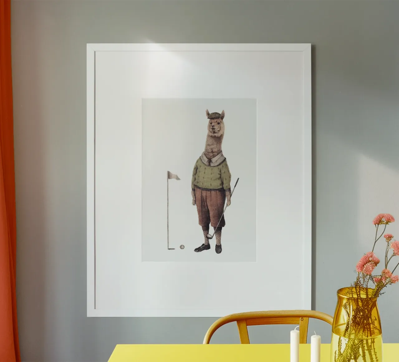 Stampa d'arte vintage sul lama che gioca a golf poster con telaio in alluminio da mikekoubou