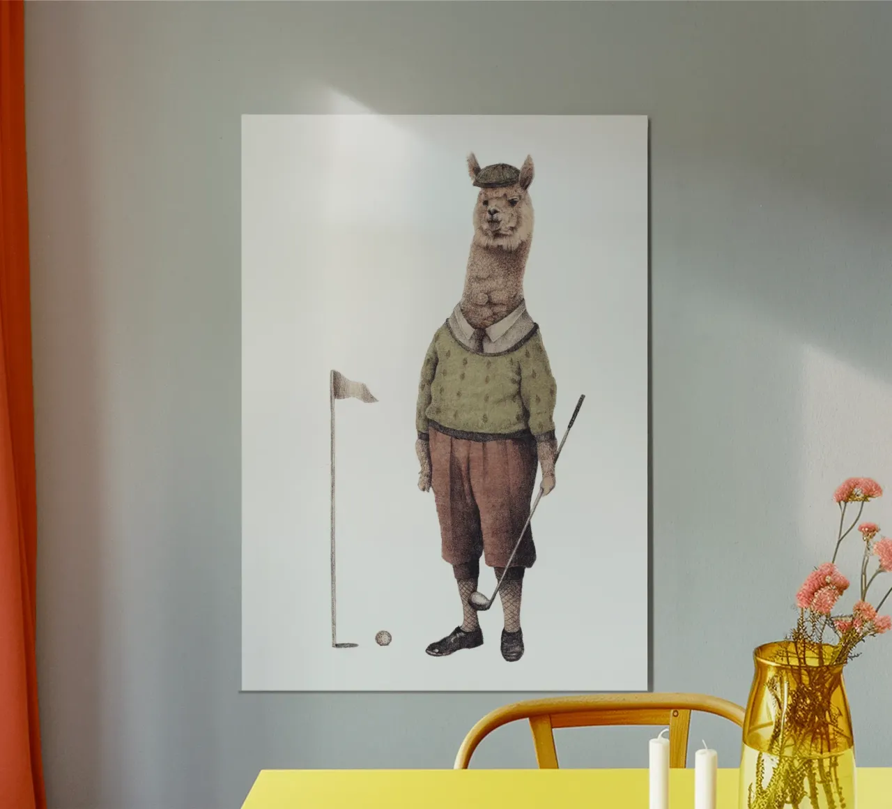 Stampa d'arte vintage sul lama che gioca a golf poster con telaio in alluminio da mikekoubou
