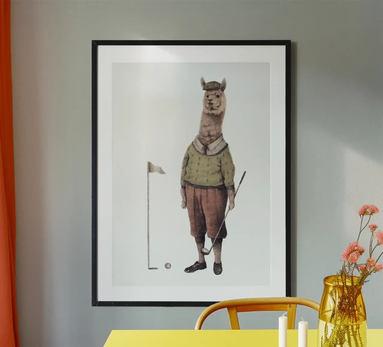 Stampa d'arte vintage sul lama che gioca a golf poster con telaio in alluminio da mikekoubou