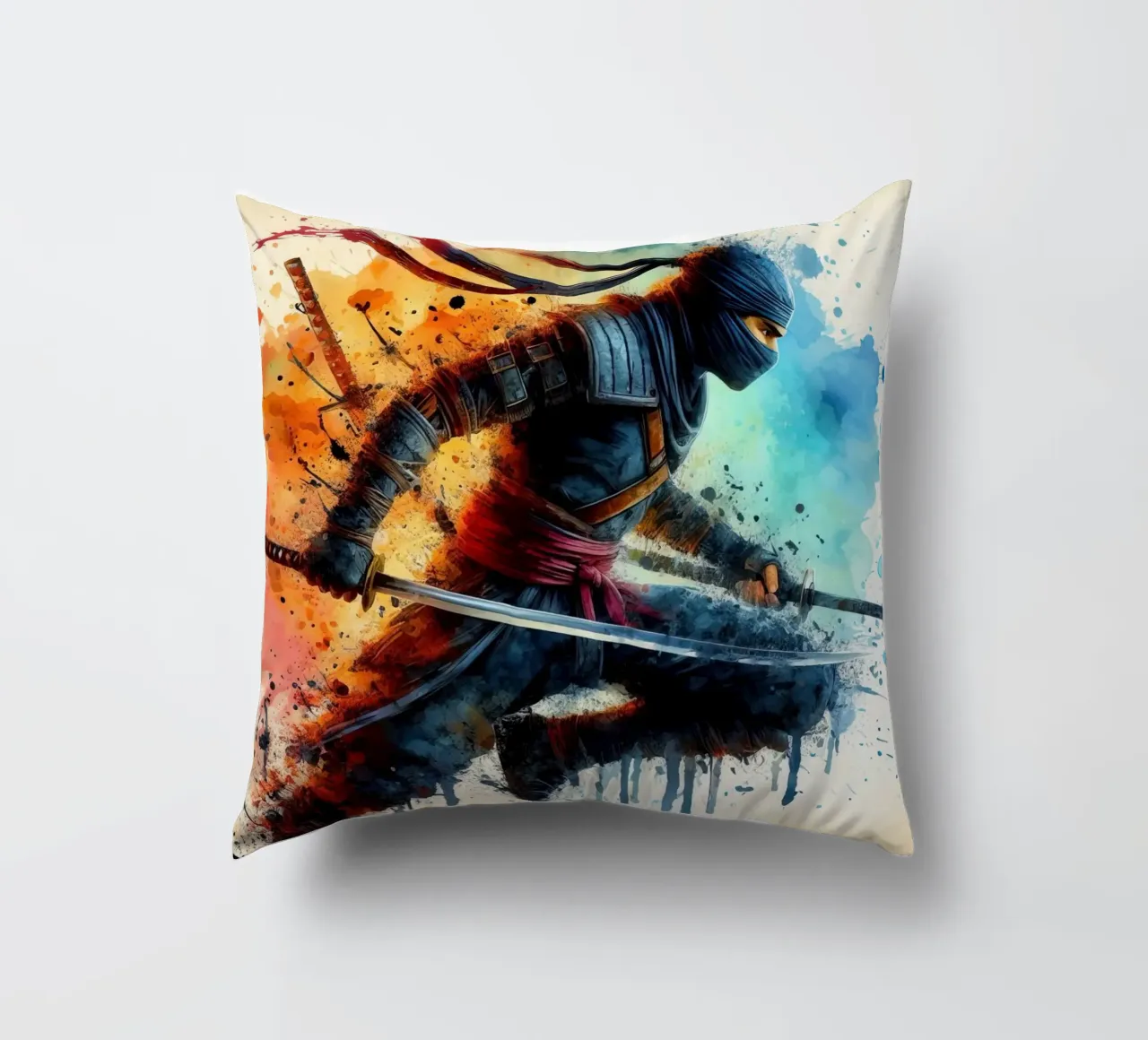 Guerriero ninja in acquerello cuscino da 🎁 ARTVI-SHOP