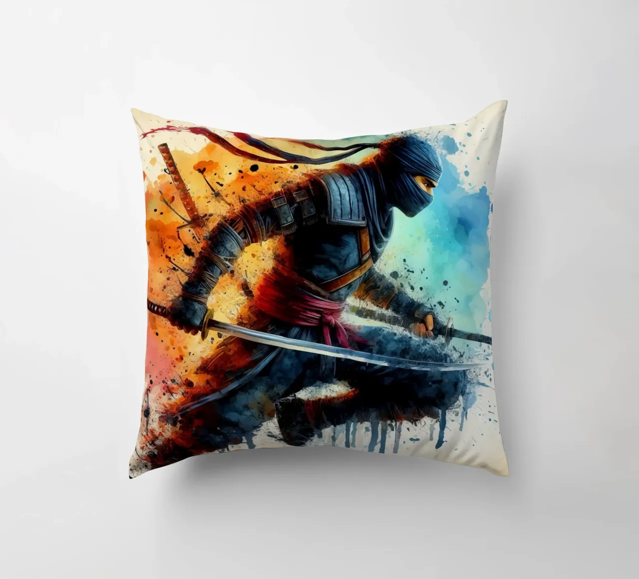 Guerriero ninja in acquerello cuscino da 🎁 ARTVI-SHOP
