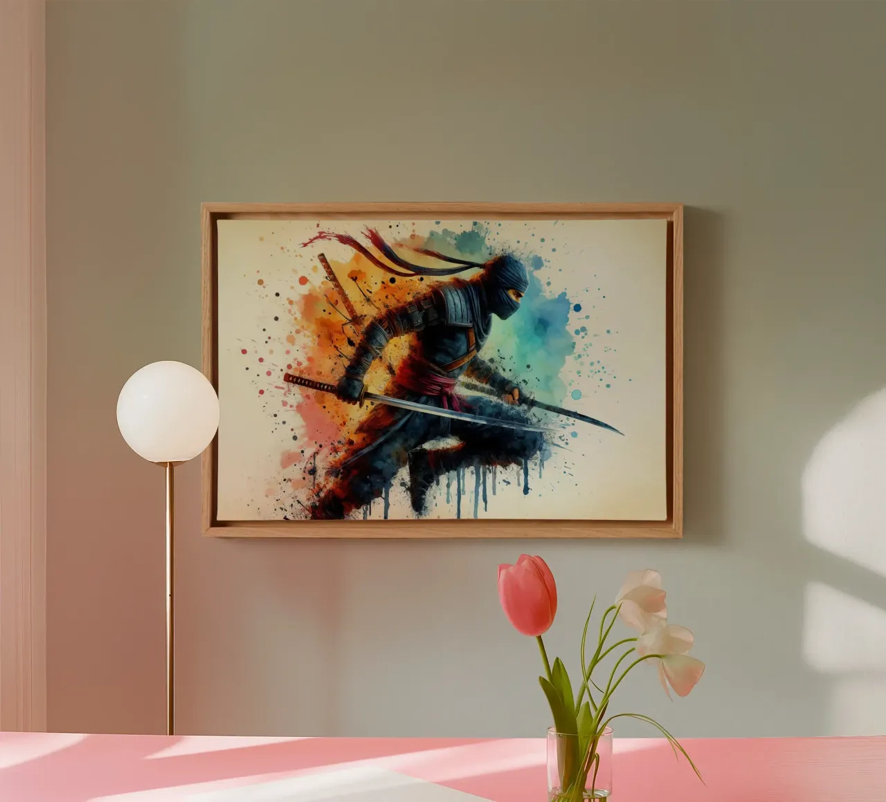 Ninja krijger in aquarel canvas met Baklijst van 🎁 ARTVI-SHOP