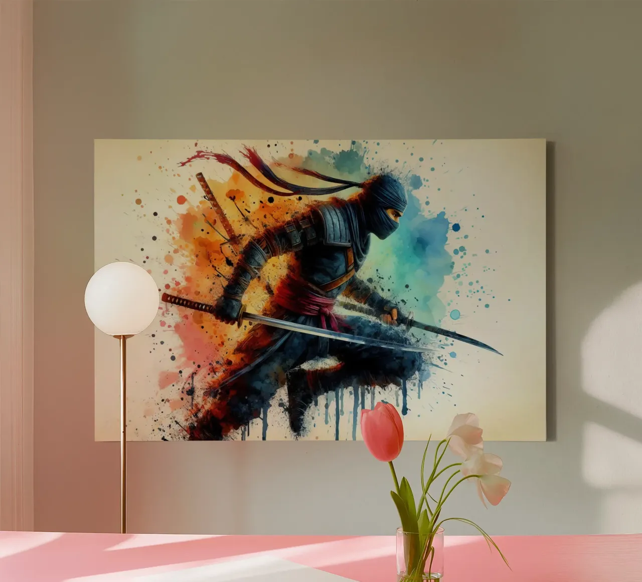 Ninja krijger in aquarel canvas met Baklijst van 🎁 ARTVI-SHOP