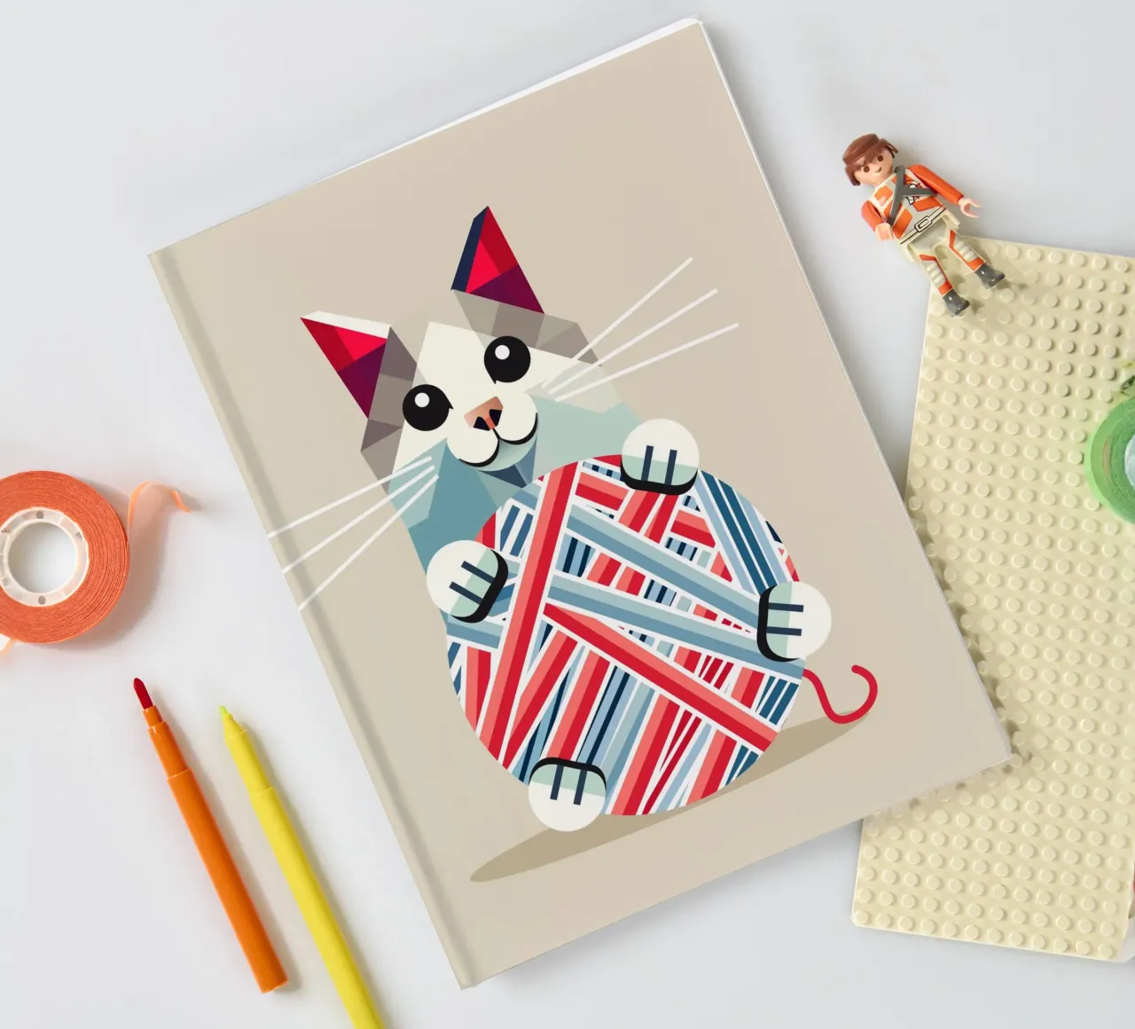 Playing cat with ball of wool - Geometric design notebook by namosh