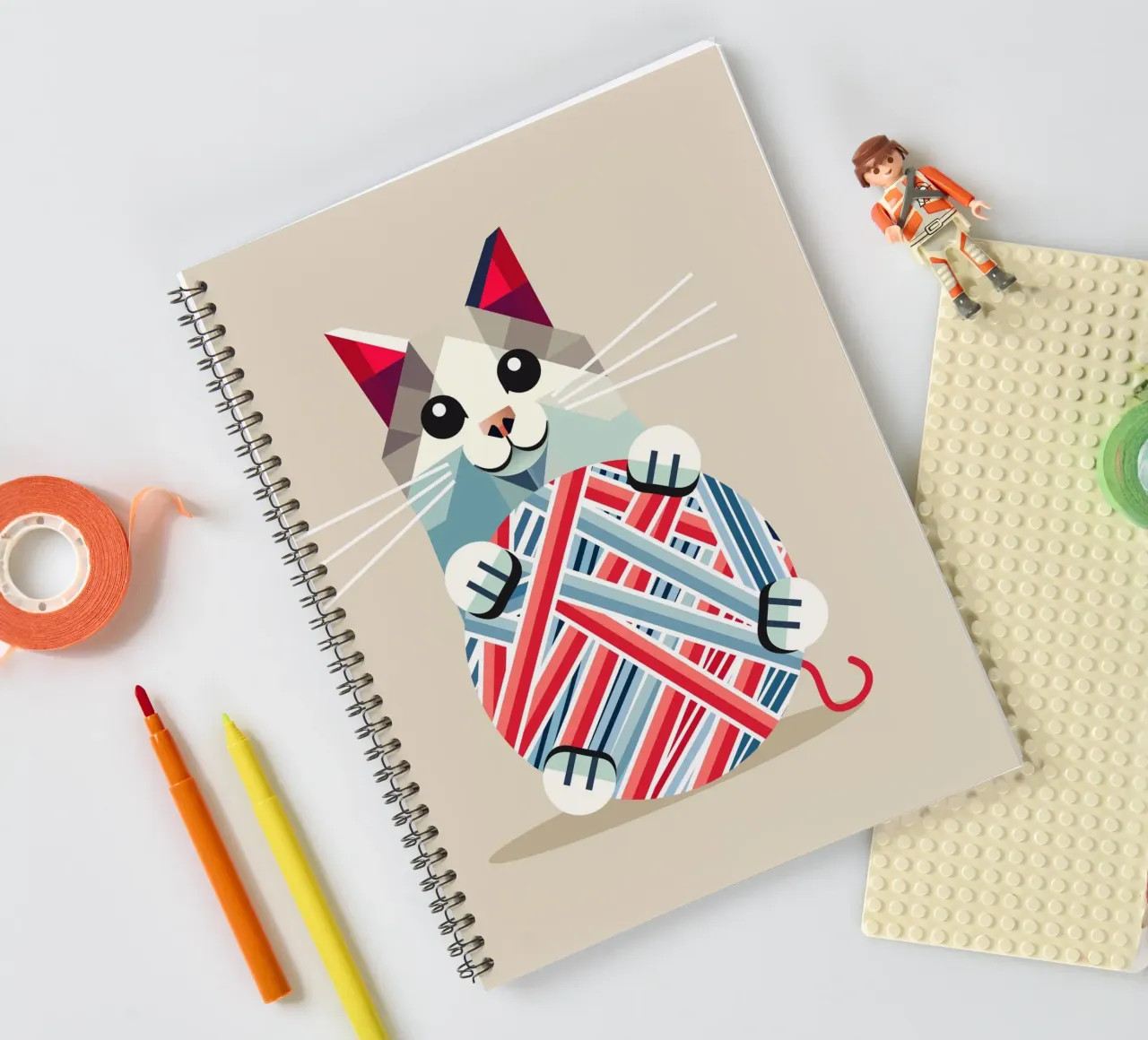 Playing cat with ball of wool - Geometric design spiral notebook by namosh