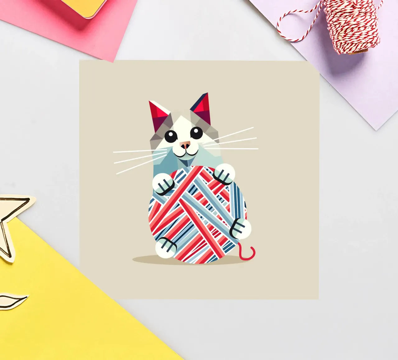 Playing cat with ball of wool - Geometric design sticker by namosh