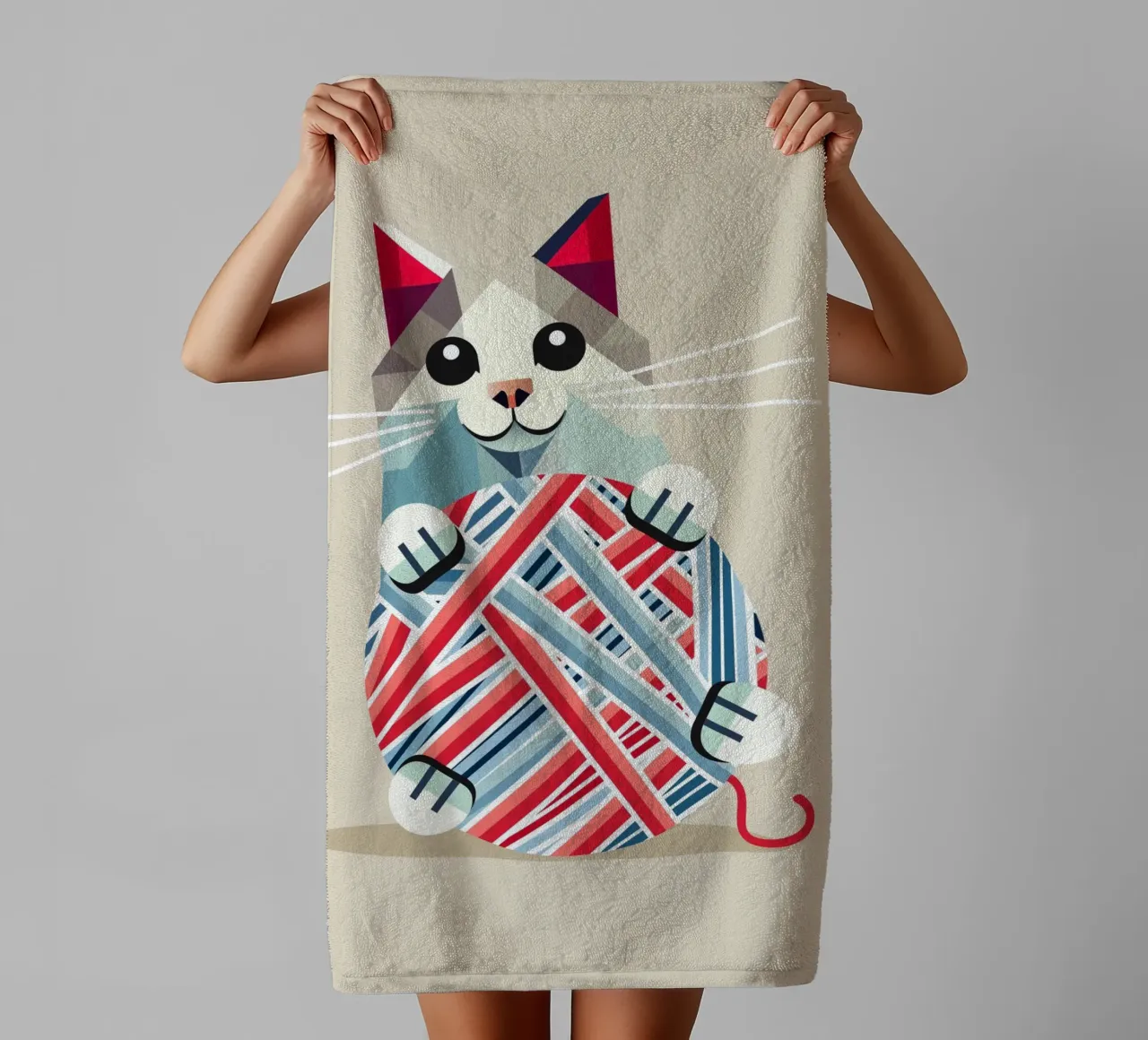 Playing cat with ball of wool - Geometric design towel by namosh