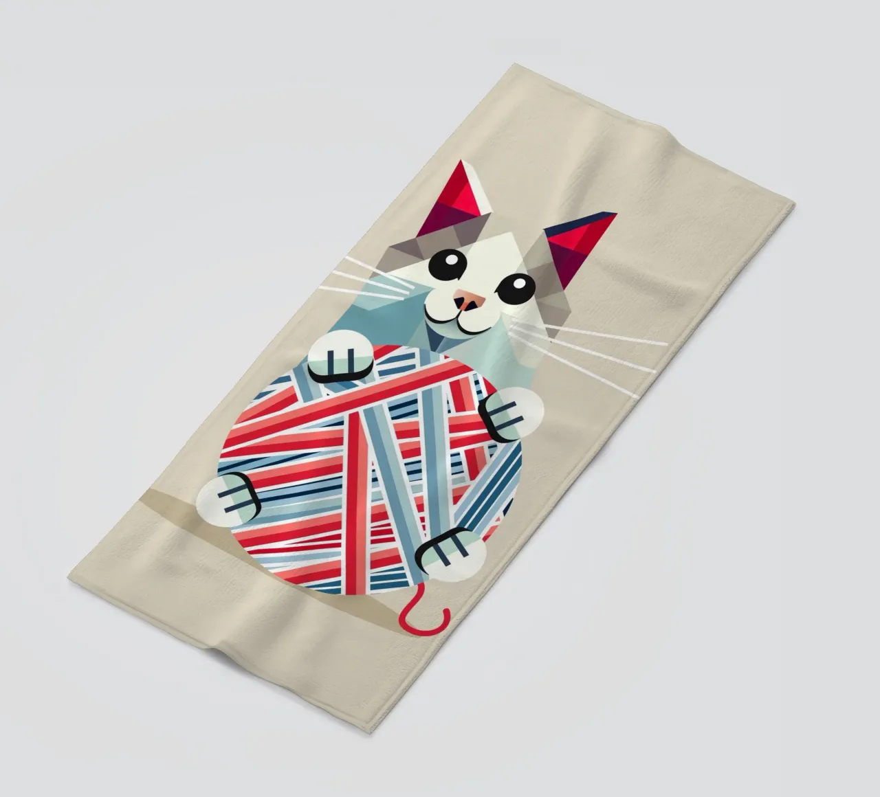 Playing cat with ball of wool - Geometric design beach towel by namosh