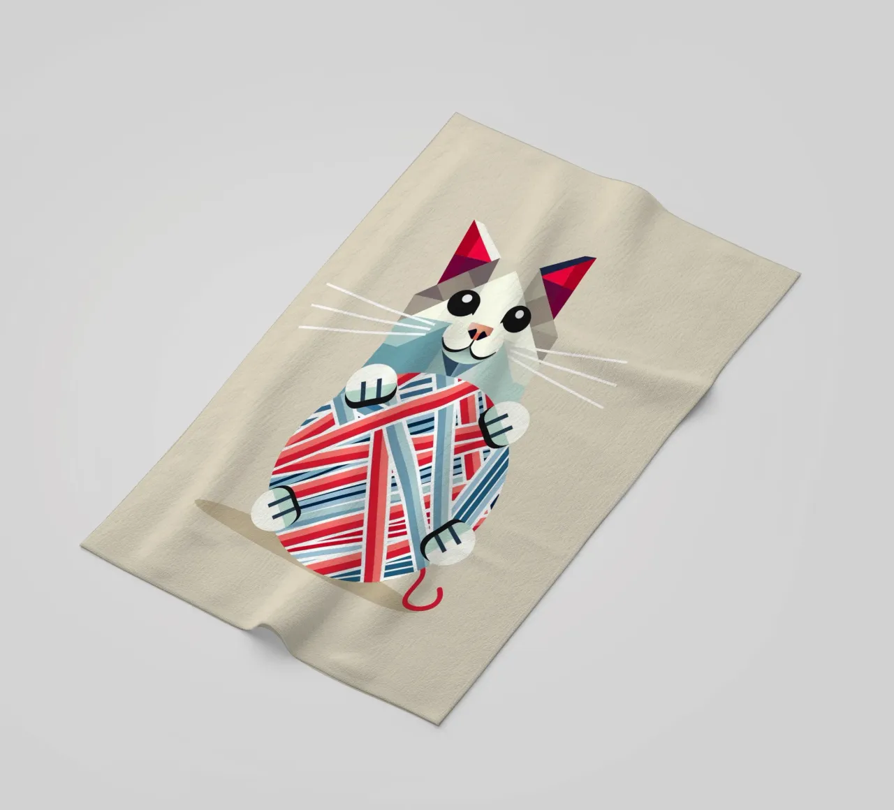 Playing cat with ball of wool - Geometric design beach towel by namosh