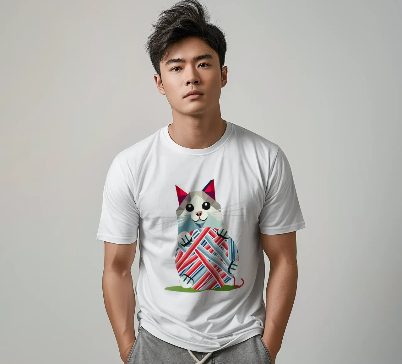 Playing cat with ball of wool - Geometric design t-shirt by namosh