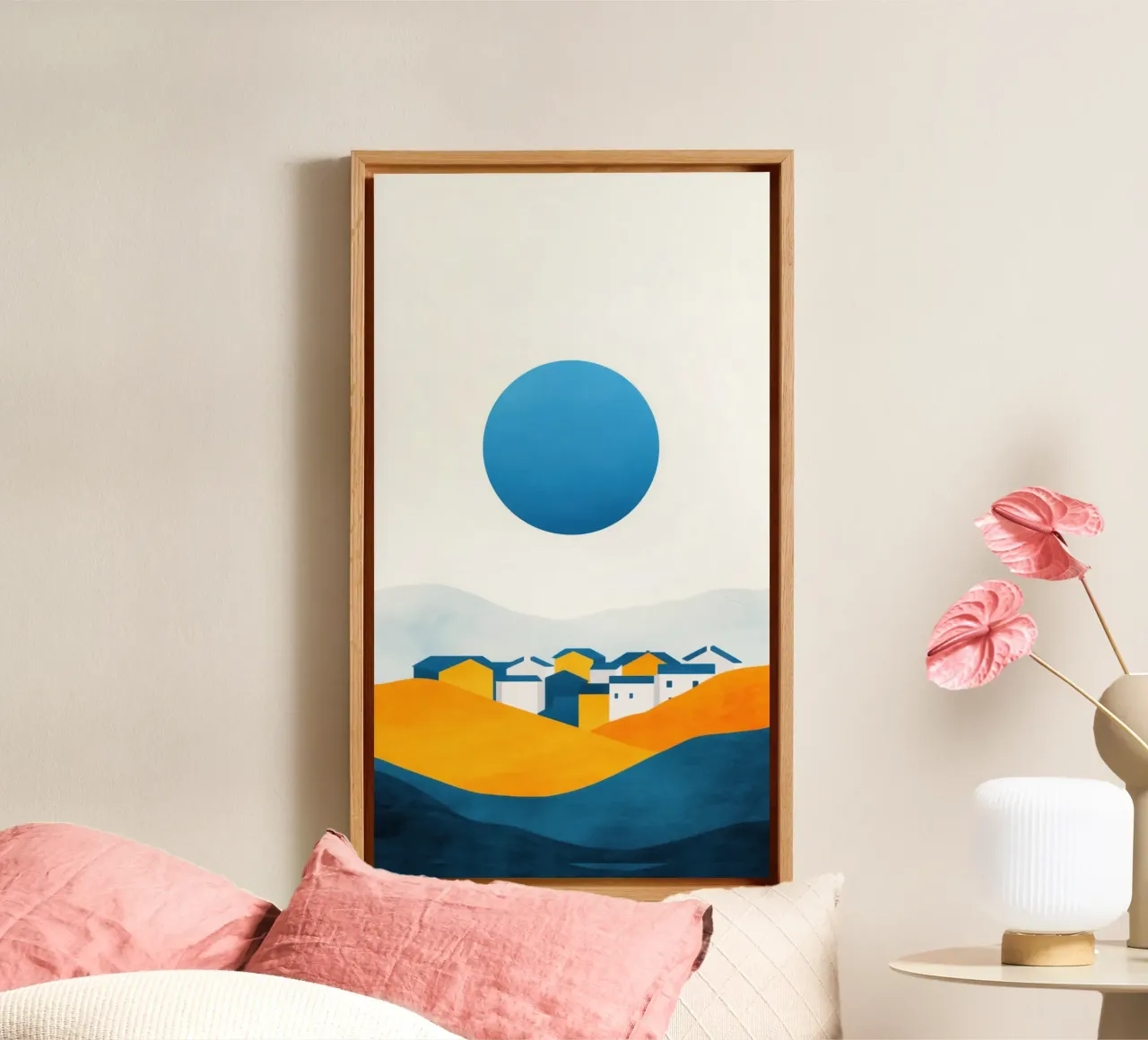 Mediterraan dorp in de zon canvas met Baklijst van Affiches Soleil & Déco Lumineuse – Sunny