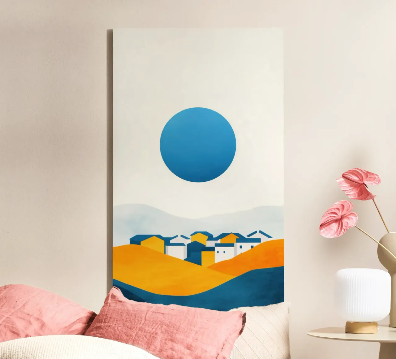 Mediterraan dorp in de zon canvas met Baklijst van Affiches Soleil & Déco Lumineuse – Sunny