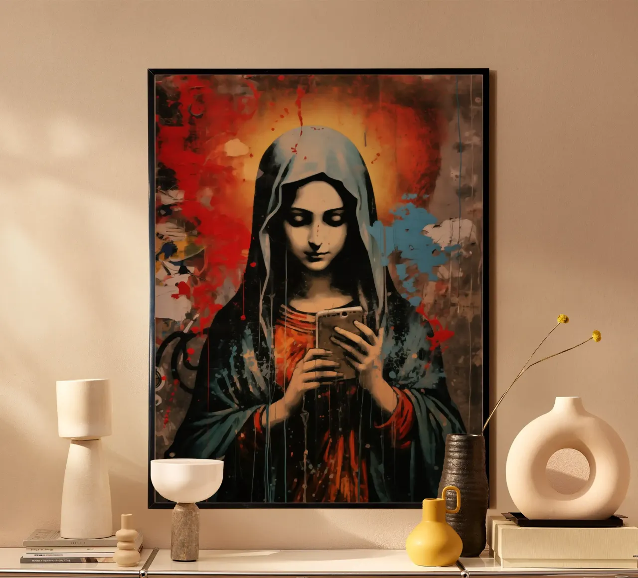 Santa Madre Maria WhatsUp Jesus via iPhone poster con telaio in legno da Autofocus
