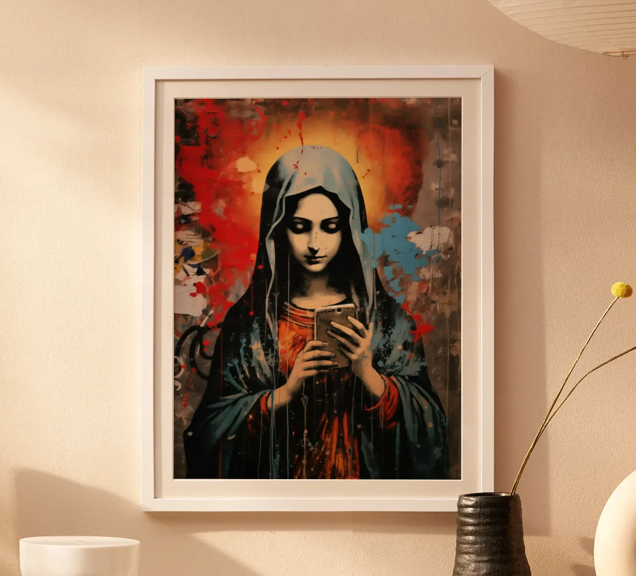 Santa Madre Maria WhatsUp Jesus via iPhone poster con telaio in legno da Autofocus
