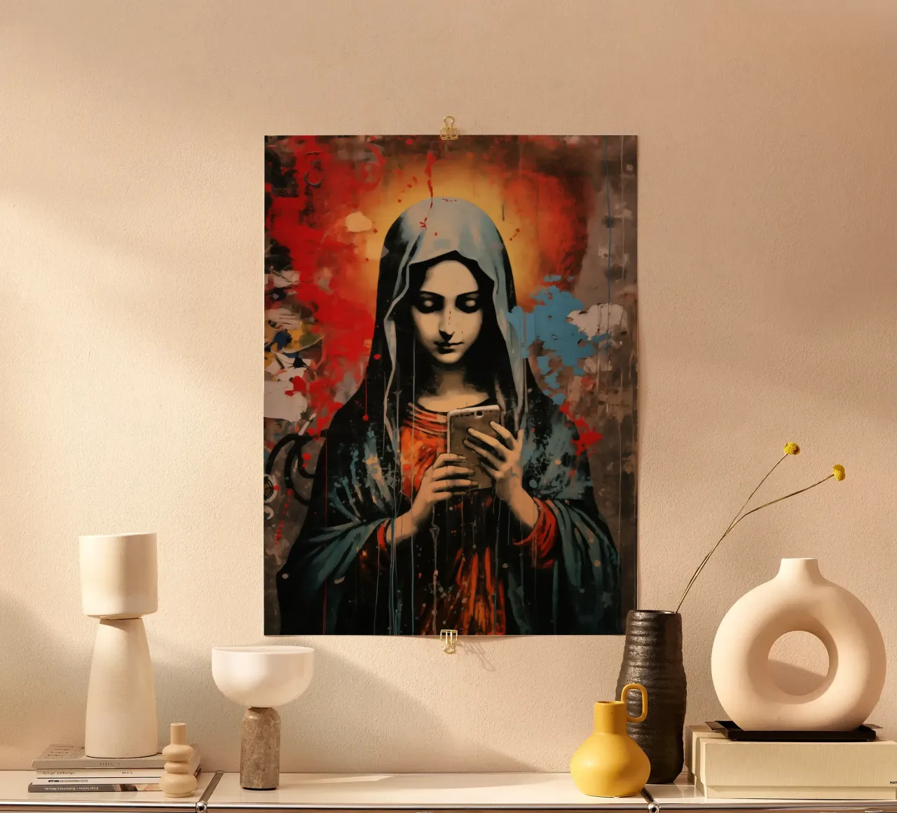 Santa Madre Maria WhatsUp Jesus via iPhone poster con telaio in legno da Autofocus