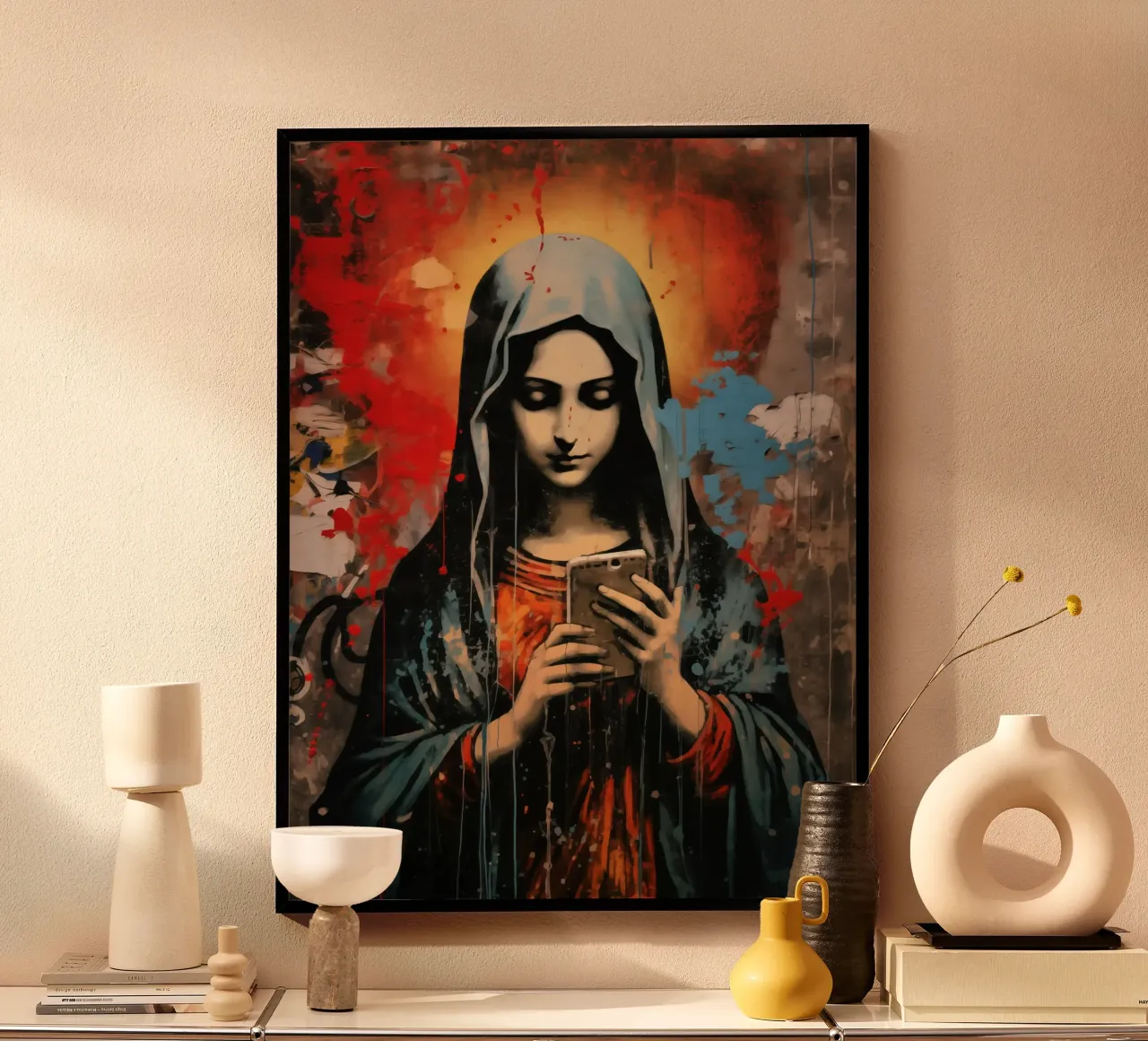 Santa Madre Maria WhatsUp Jesus via iPhone poster con telaio in legno da Autofocus