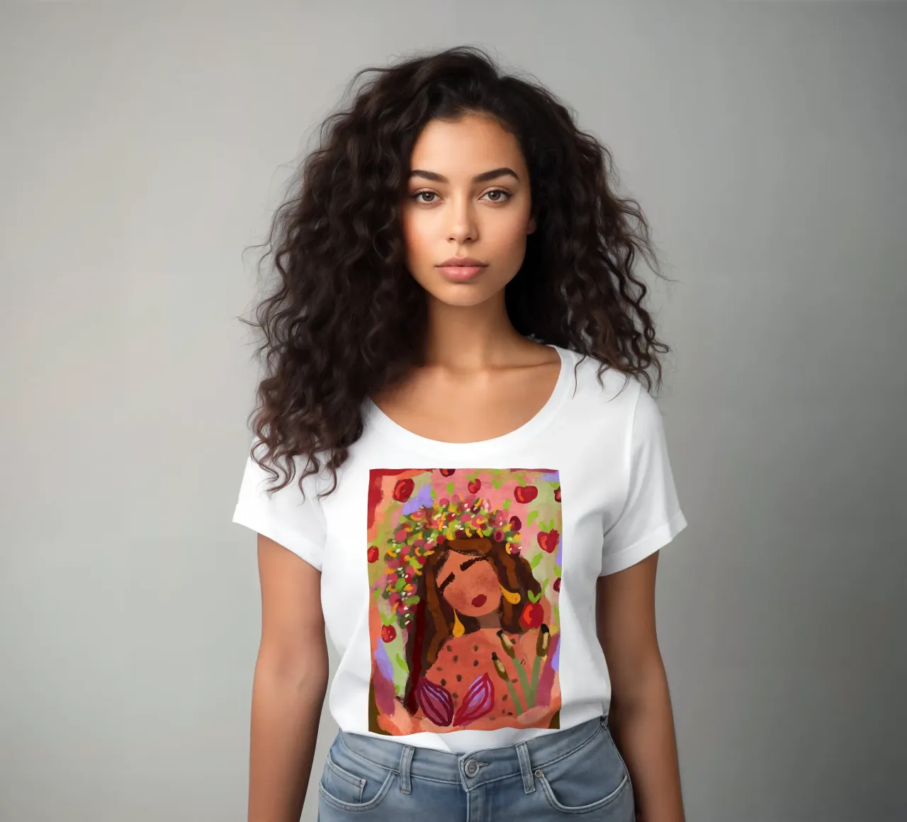 Abstrakte Frau im Apfelfeld Frauen T-Shirt von Illustration Raissa Oltmanns