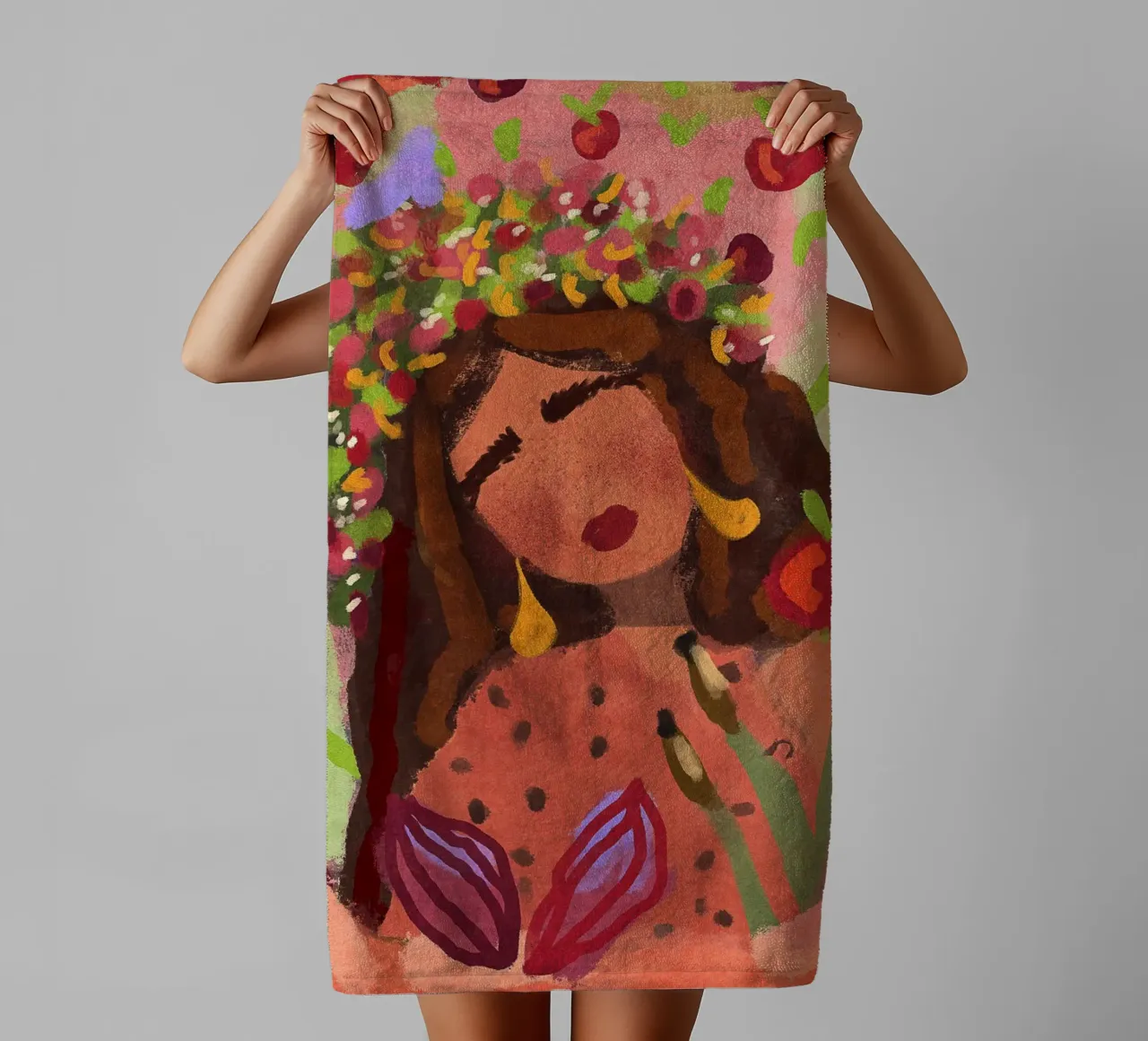 Donna astratta in un campo di mele asciugamano da bagno da Illustration Raissa Oltmanns