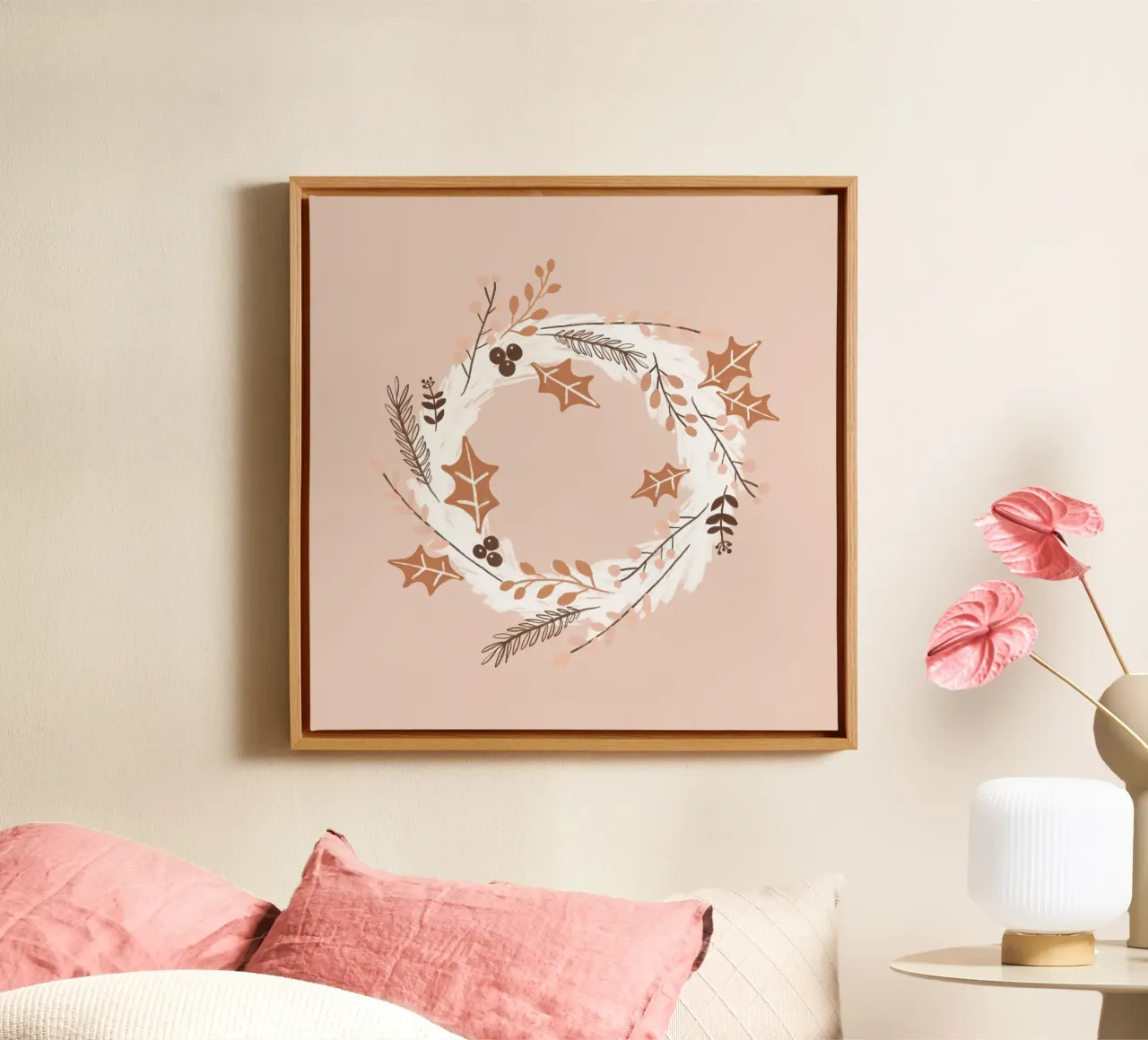 Blush kerstkrans canvas met Baklijst van Orara Studio