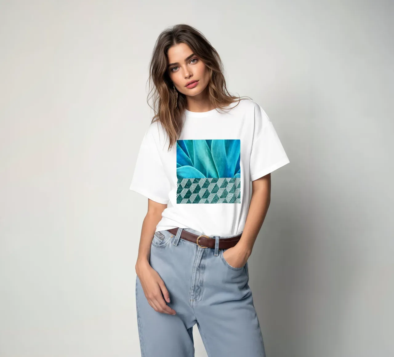 Teal Agave on Hexagonal Pattern t-shirt by amini54