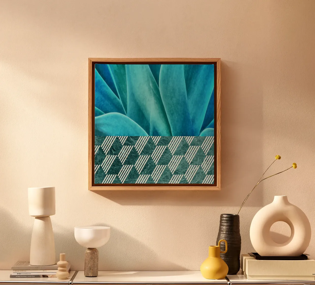 Agave sarcelle sur motif hexagonal toile de amini54