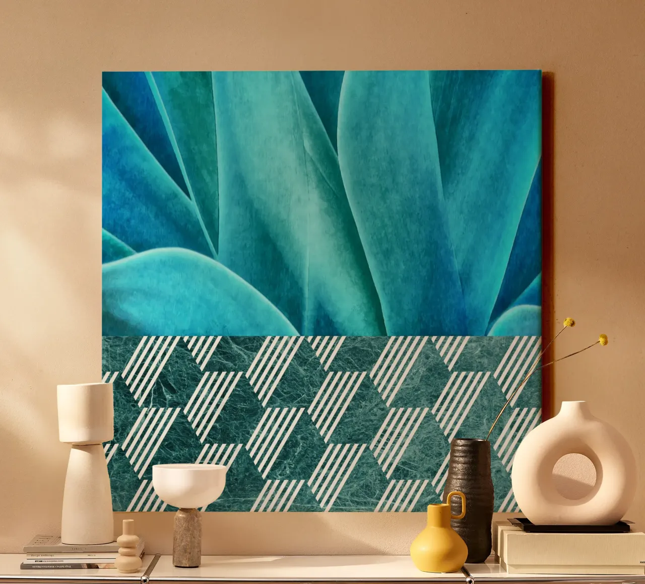 Agave sarcelle sur motif hexagonal toile de amini54