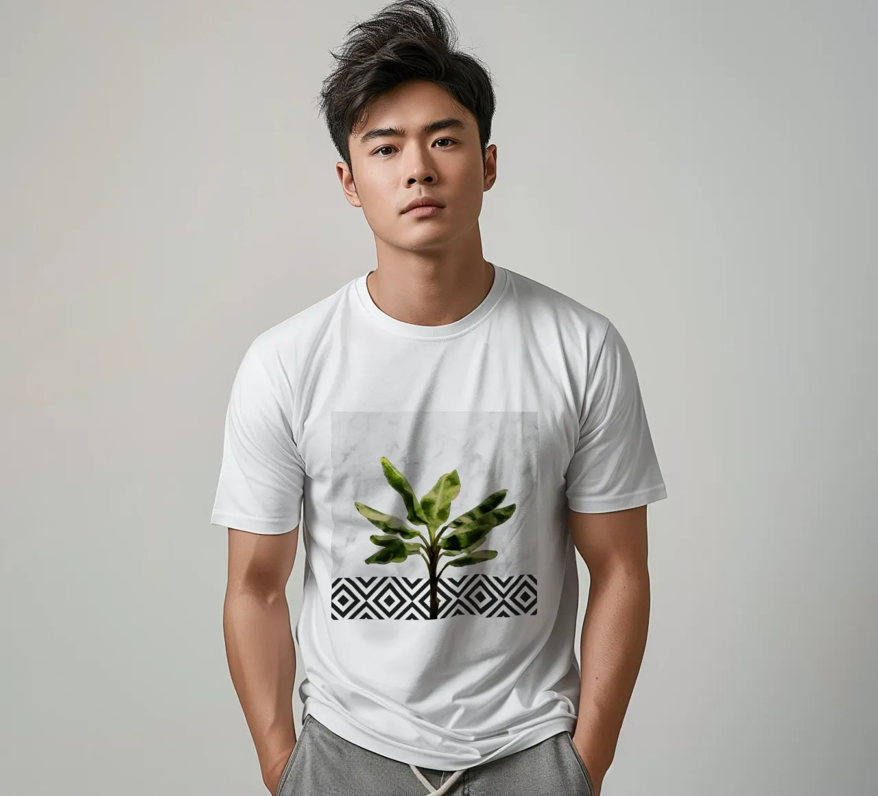 Pianta di banano su parete a scacchi t-shirt da amini54