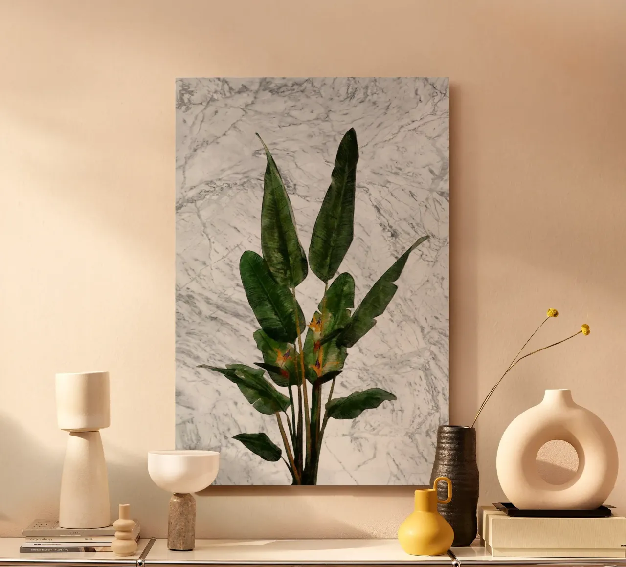 Bird of Paradise Plant on White Marble Wall alu-dibond by amini54