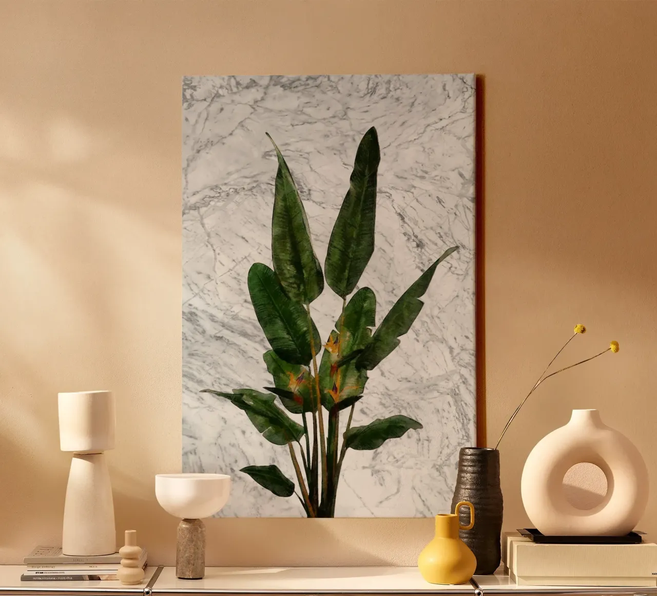 Bird of Paradise Plant on White Marble Wall canvas by amini54