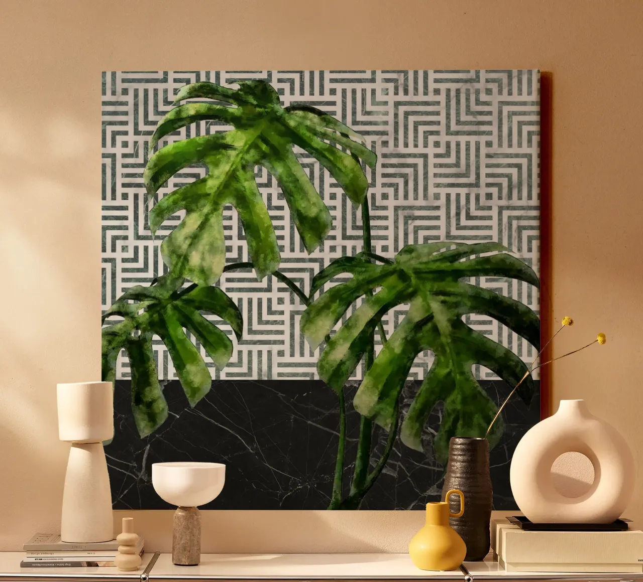 Monstera on Tile Pattern Wall canvas by amini54