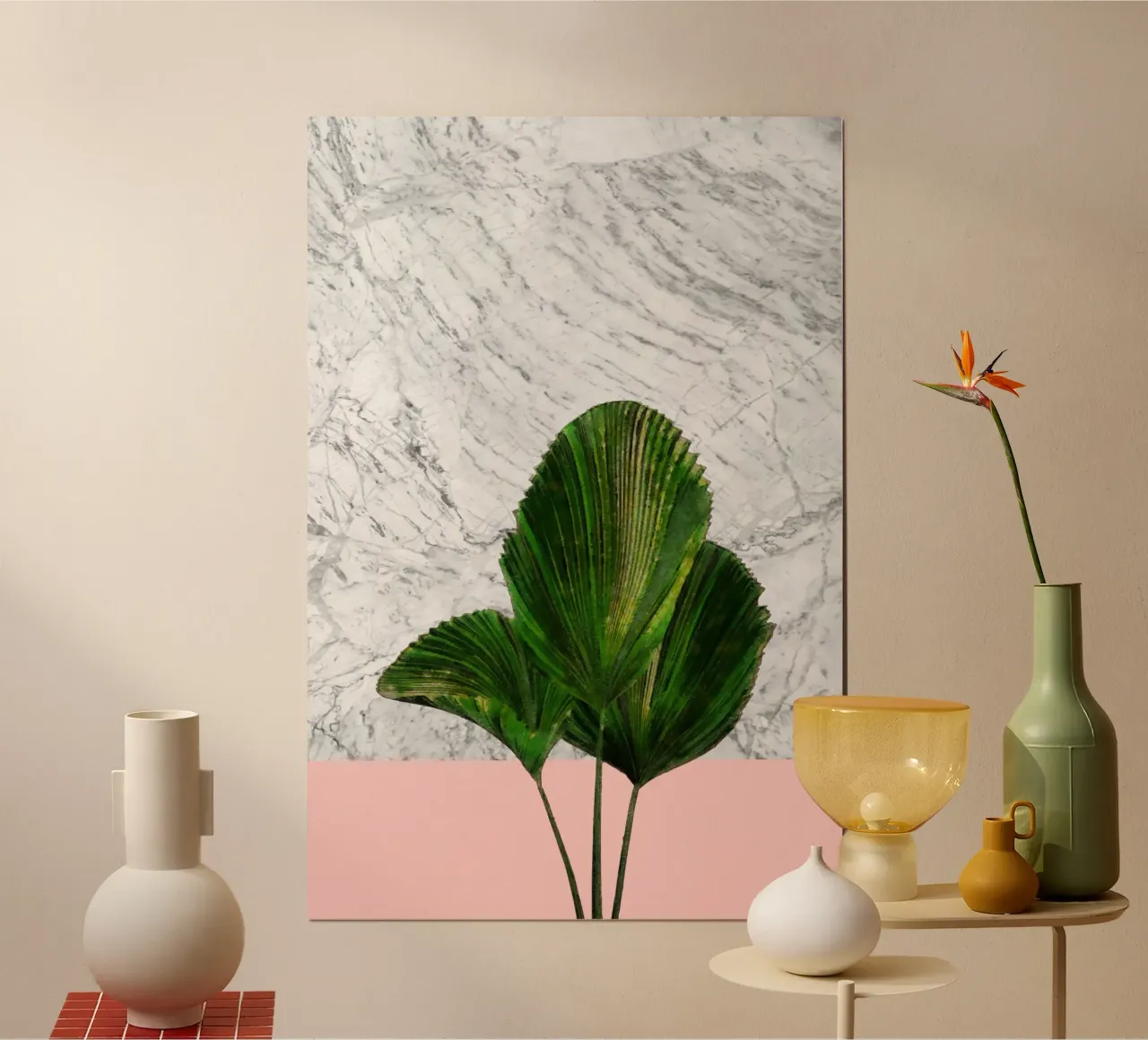 Pianta di palma su marmo bianco e parete rosa carta hahnemühle da amini54
