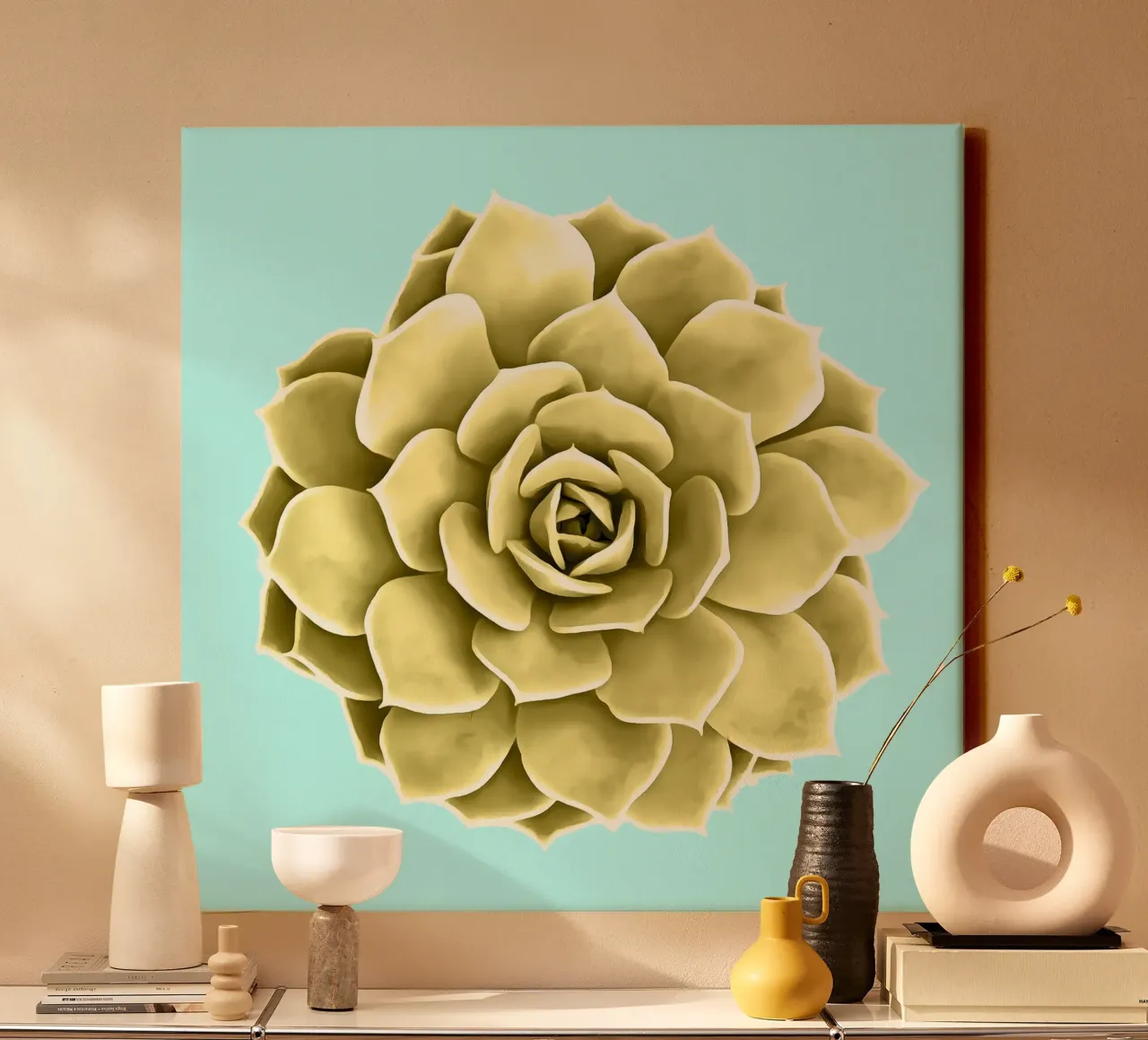 Succulente jaune sur fond bleu toile avec Caisse américaine de amini54