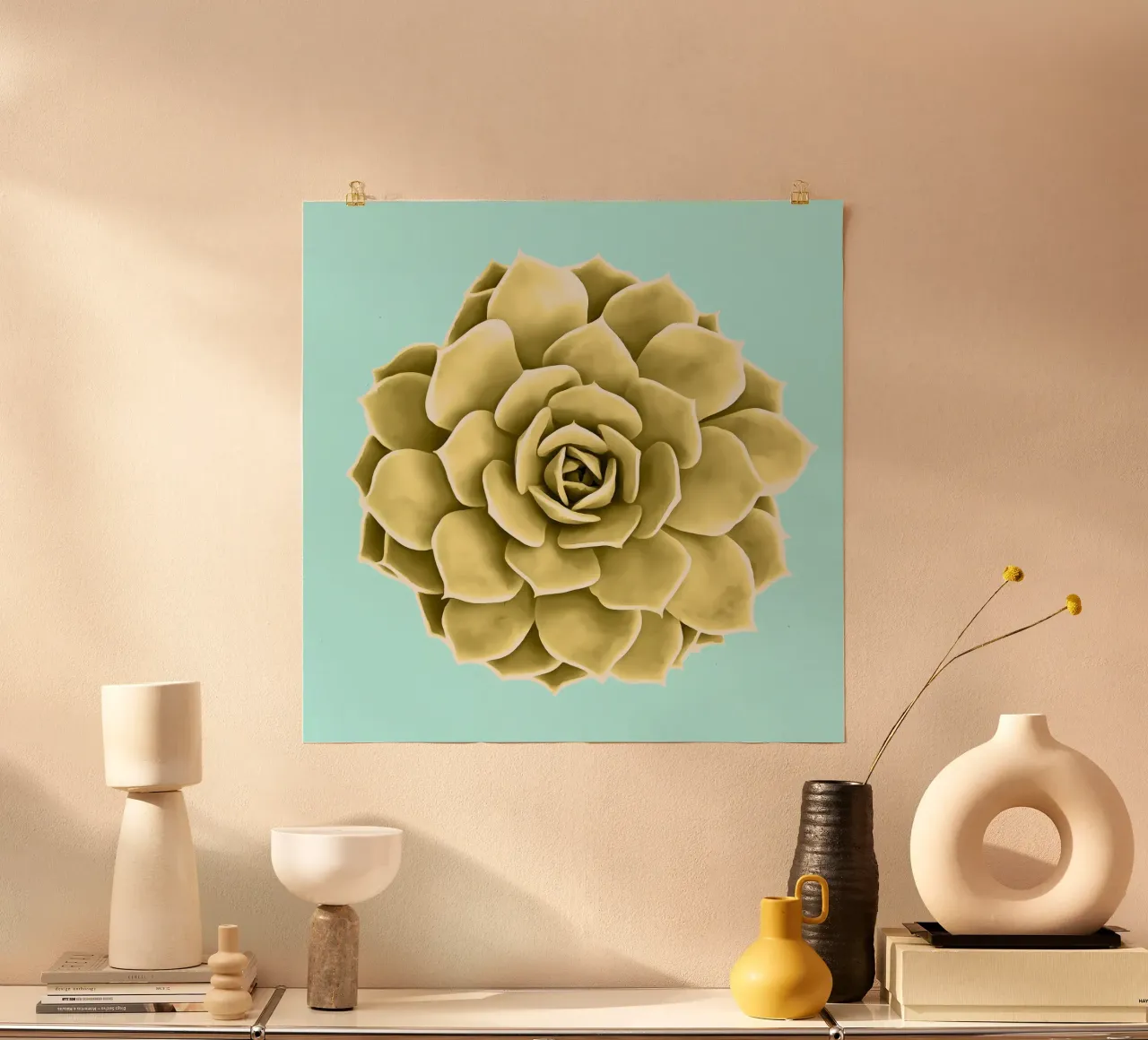 Succulente gialle su blu poster con telaio in plastica da amini54
