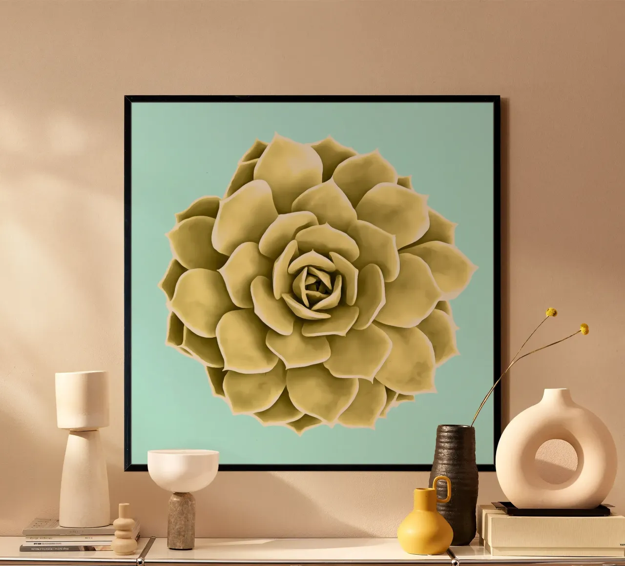 Succulente gialle su blu poster con telaio in plastica da amini54
