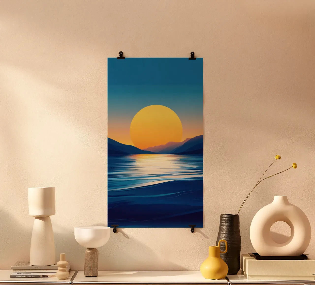 Tramonto sul Lac Paisible poster con telaio in alluminio da Affiches Soleil & Déco Lumineuse – Sunny