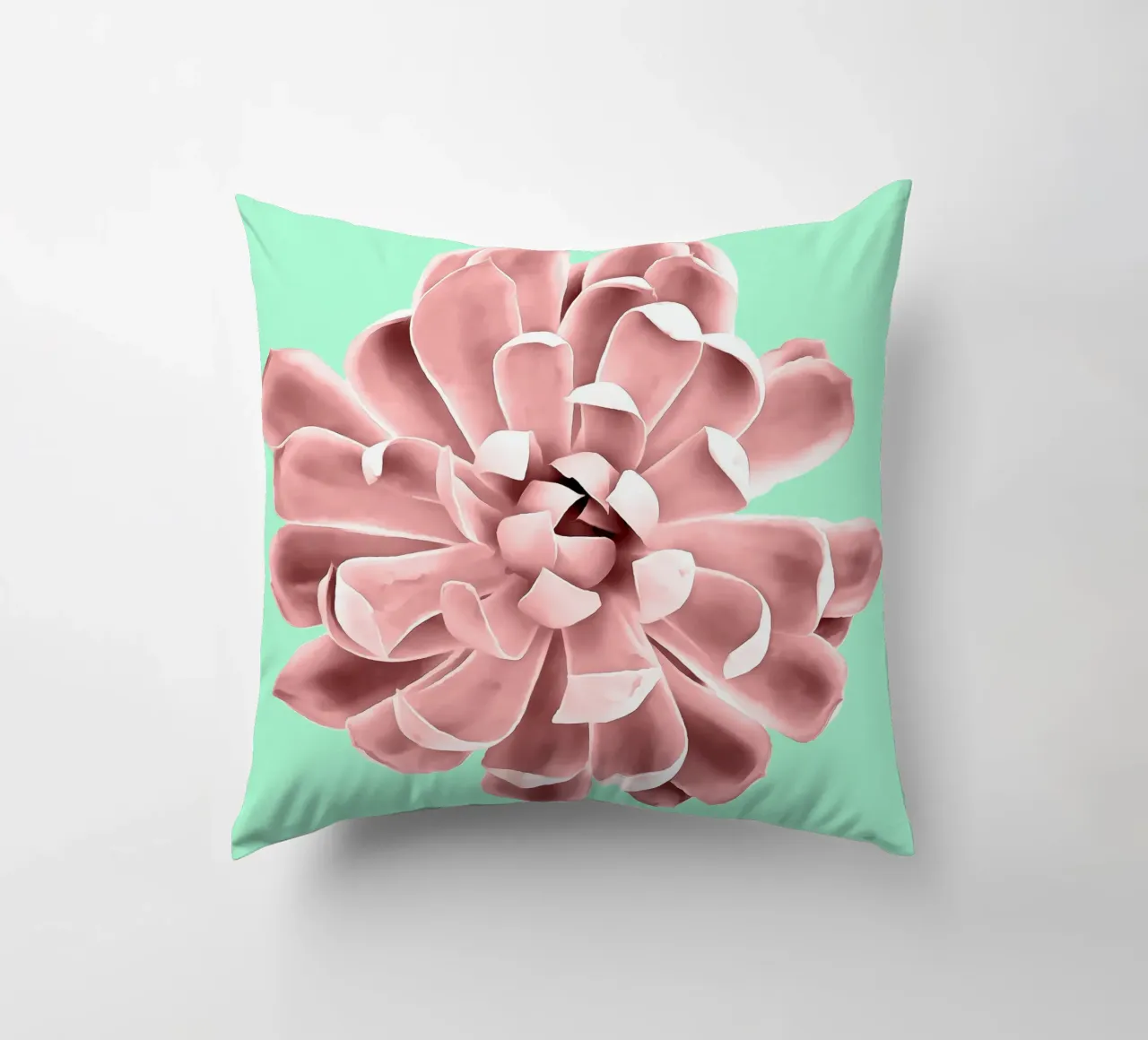Succulente rosa su parete verde acqua cuscino da amini54