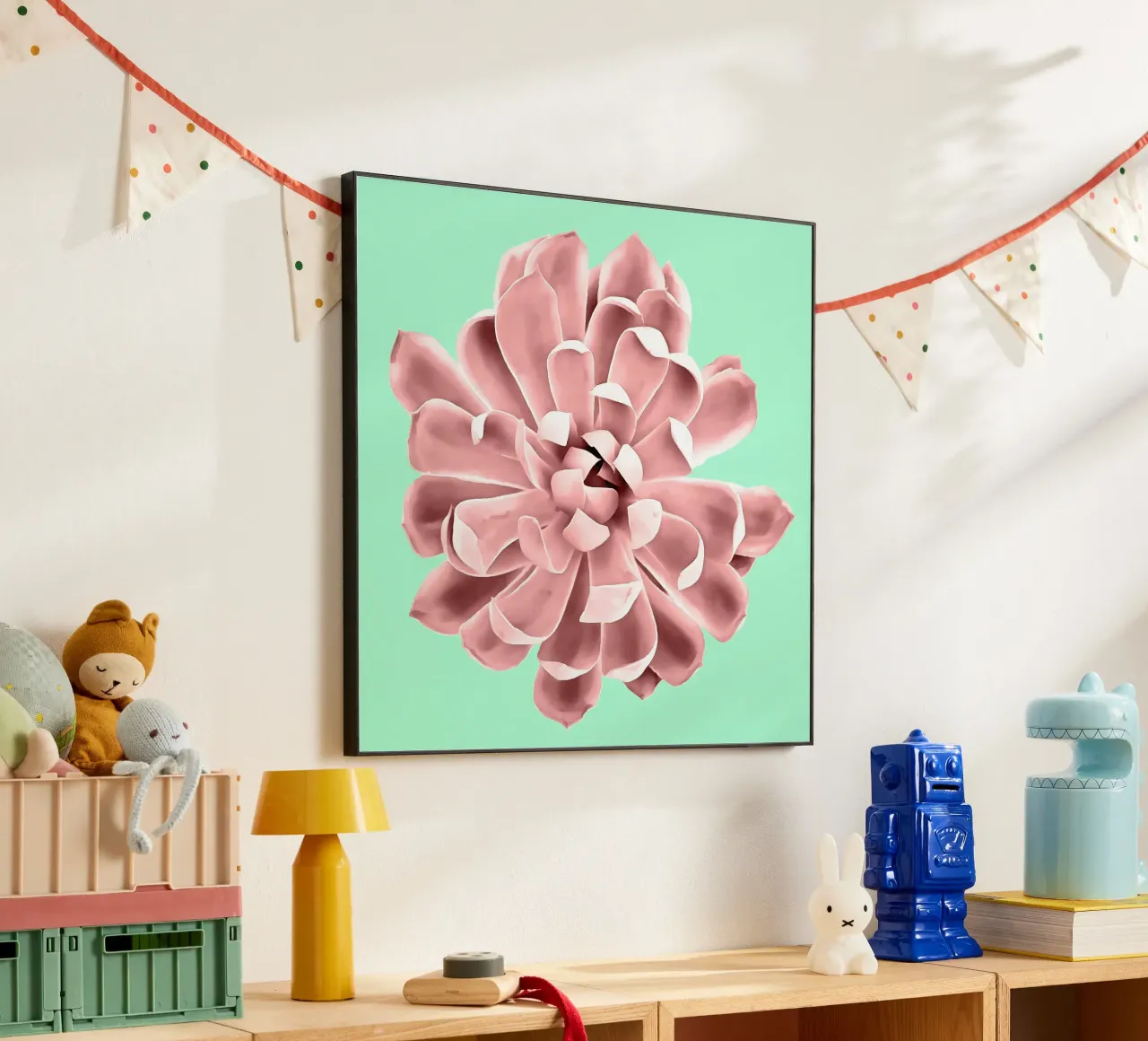 Succulente rosa su parete verde acqua alluminio dibond da amini54