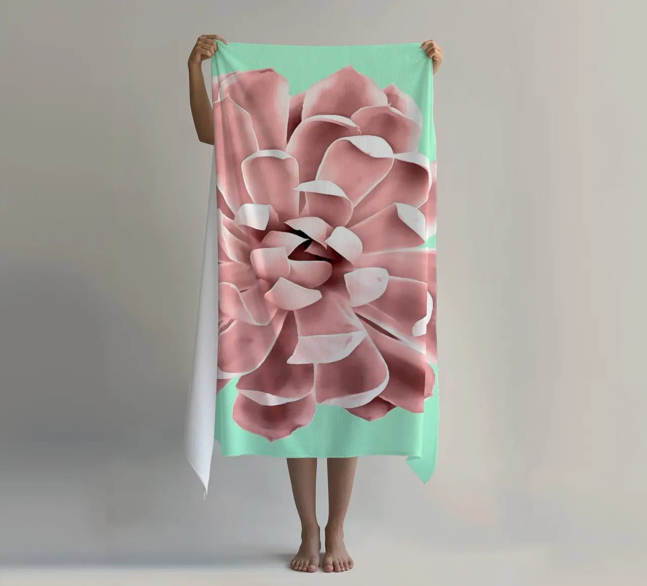 Succulente rosa su parete verde acqua telo mare da amini54