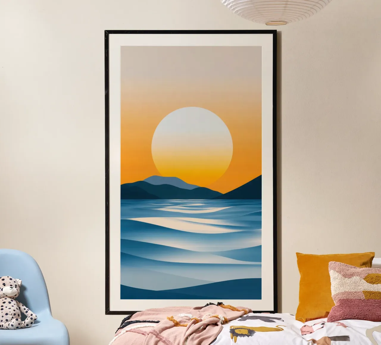 Tramonto minimalista sull'oceano poster con telaio in legno da Affiches Soleil & Déco Lumineuse – Sunny