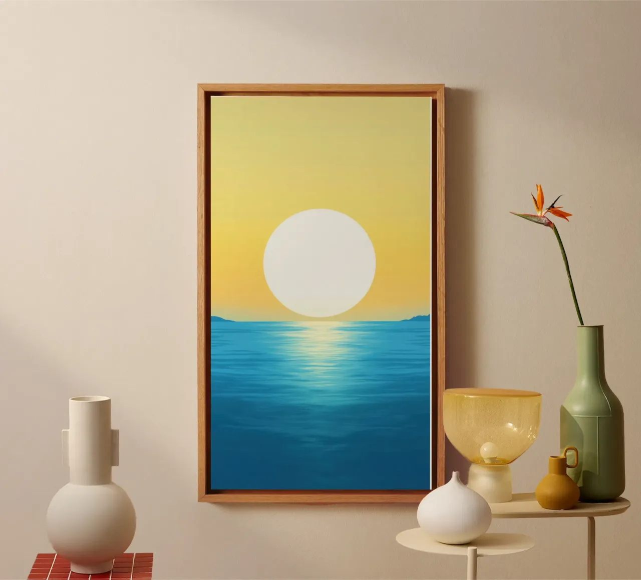 White Sun over Turquoise Sea canvas with Floater frame by Affiches Soleil & Déco Lumineuse – Sunny