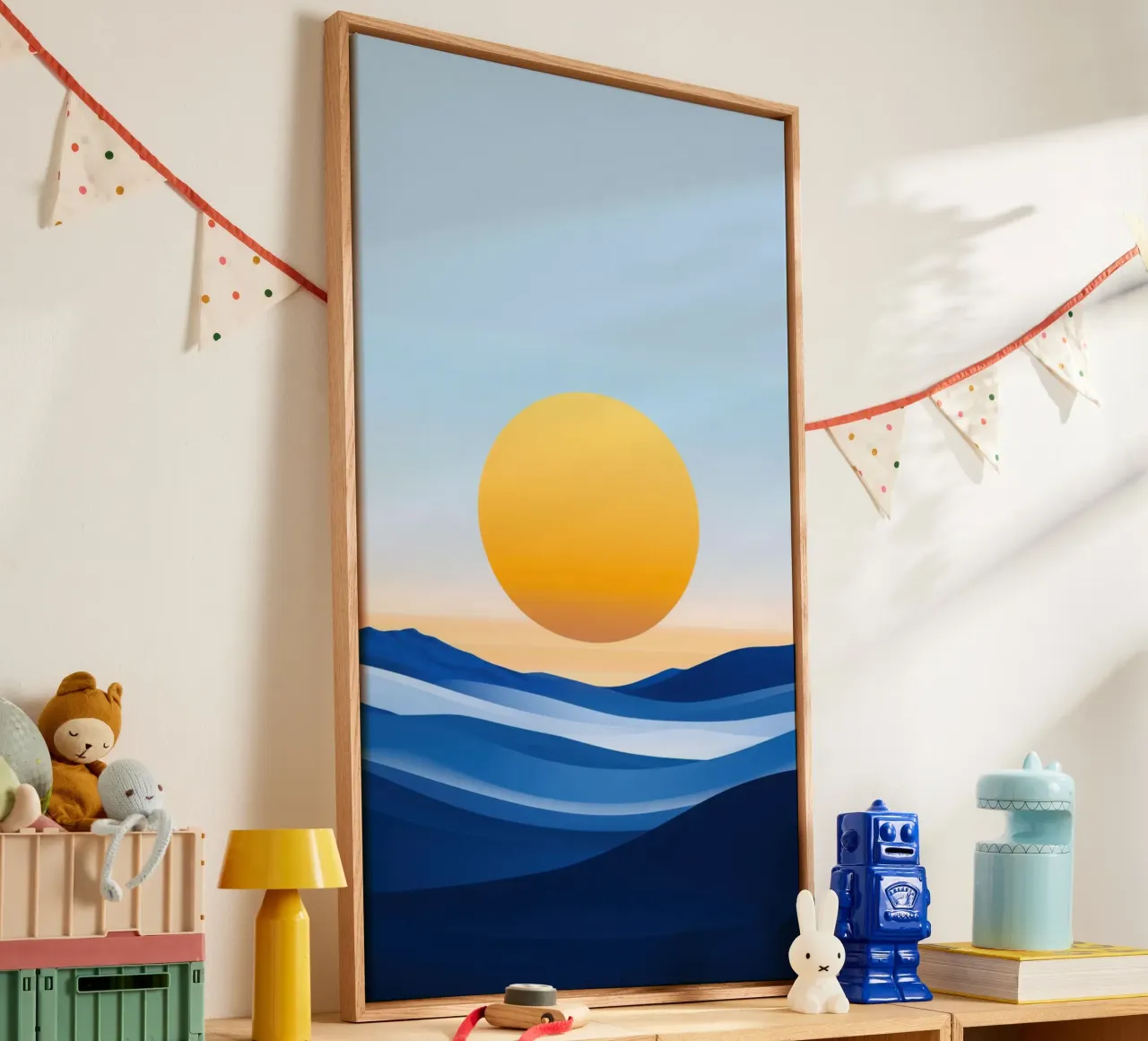 Onde blu sotto un sole arancione tela con Cornice a cassetta da Affiches Soleil & Déco Lumineuse – Sunny