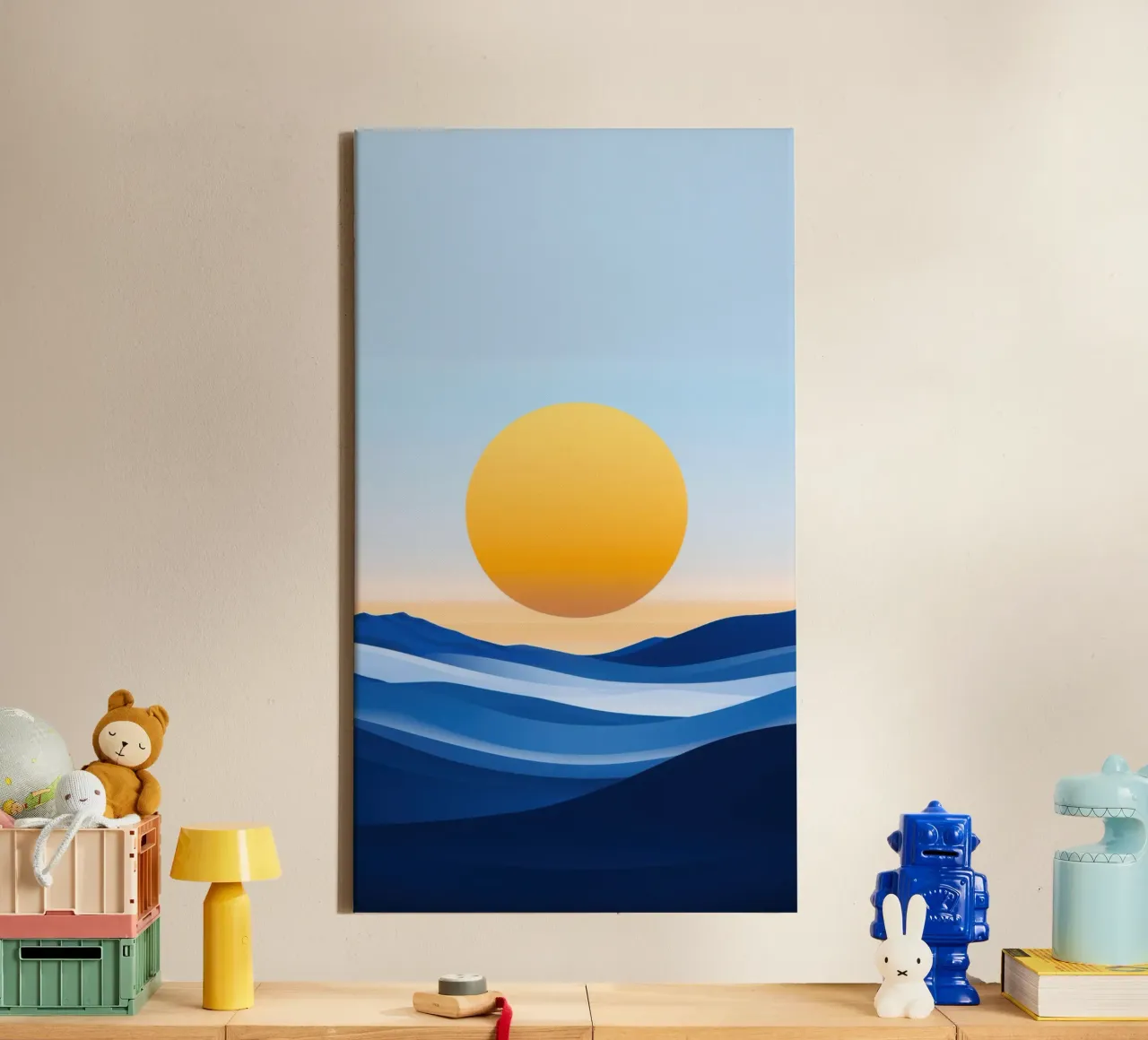 Onde blu sotto un sole arancione tela con Cornice a cassetta da Affiches Soleil & Déco Lumineuse – Sunny