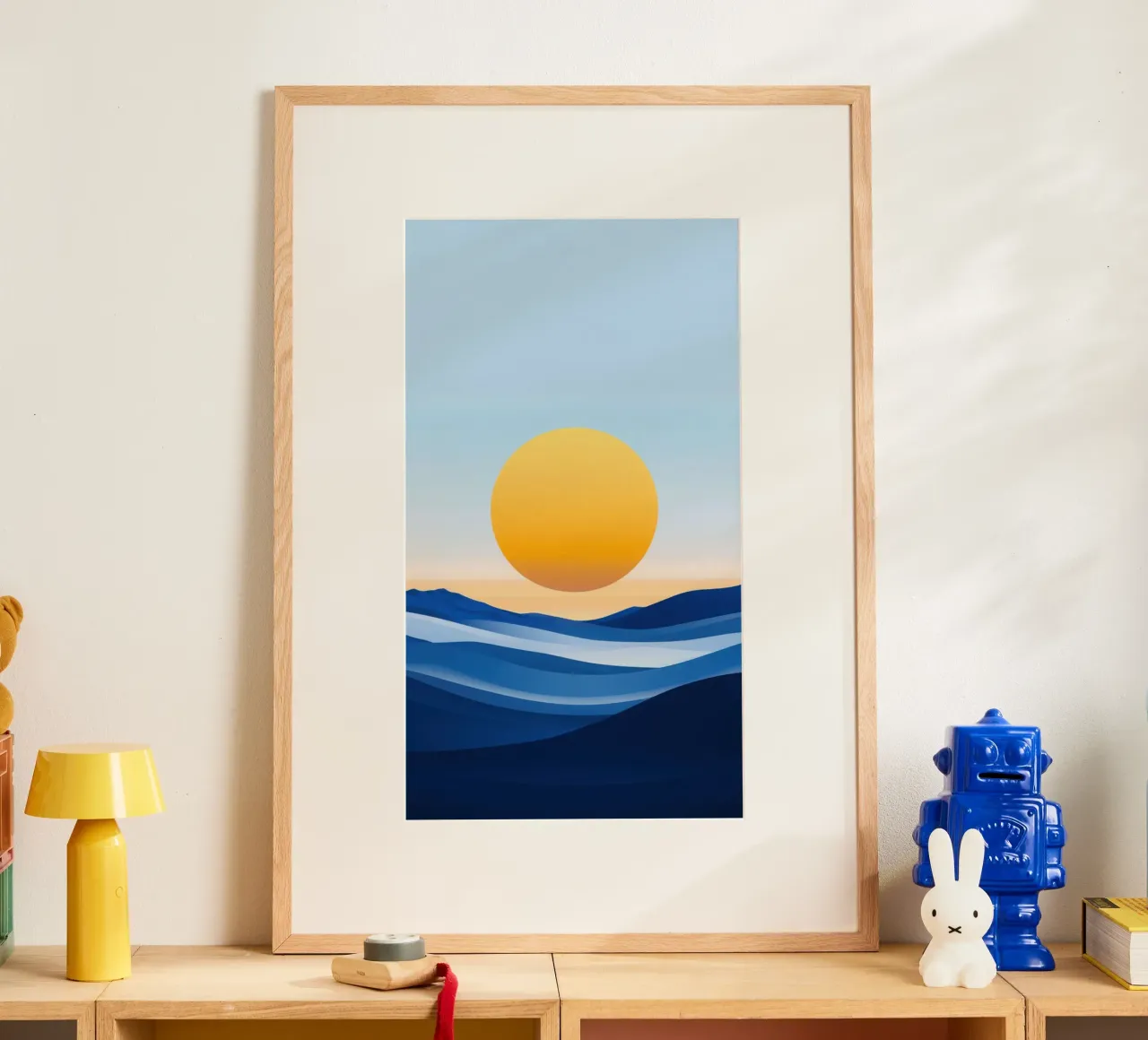 Blue waves under an orange sun poster with plastic frame by Affiches Soleil & Déco Lumineuse – Sunny
