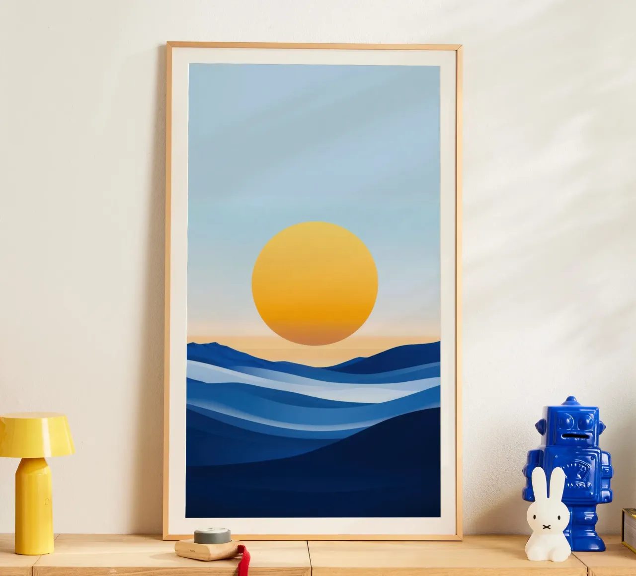 Blue waves under an orange sun poster with plastic frame by Affiches Soleil & Déco Lumineuse – Sunny