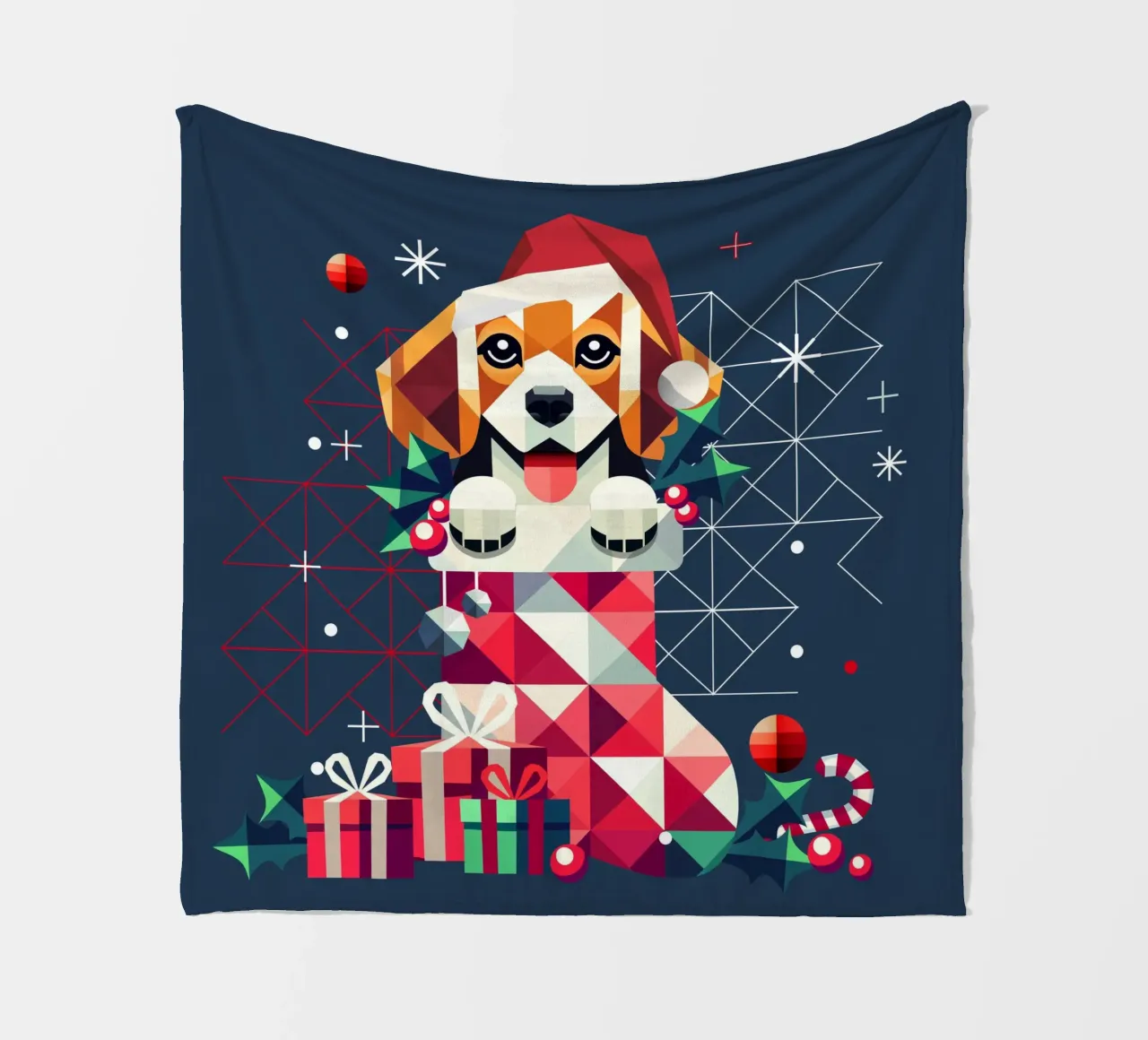 Beagle in een kerstsok - Feestelijk geometrisch ontwerp fleecedeken van namosh