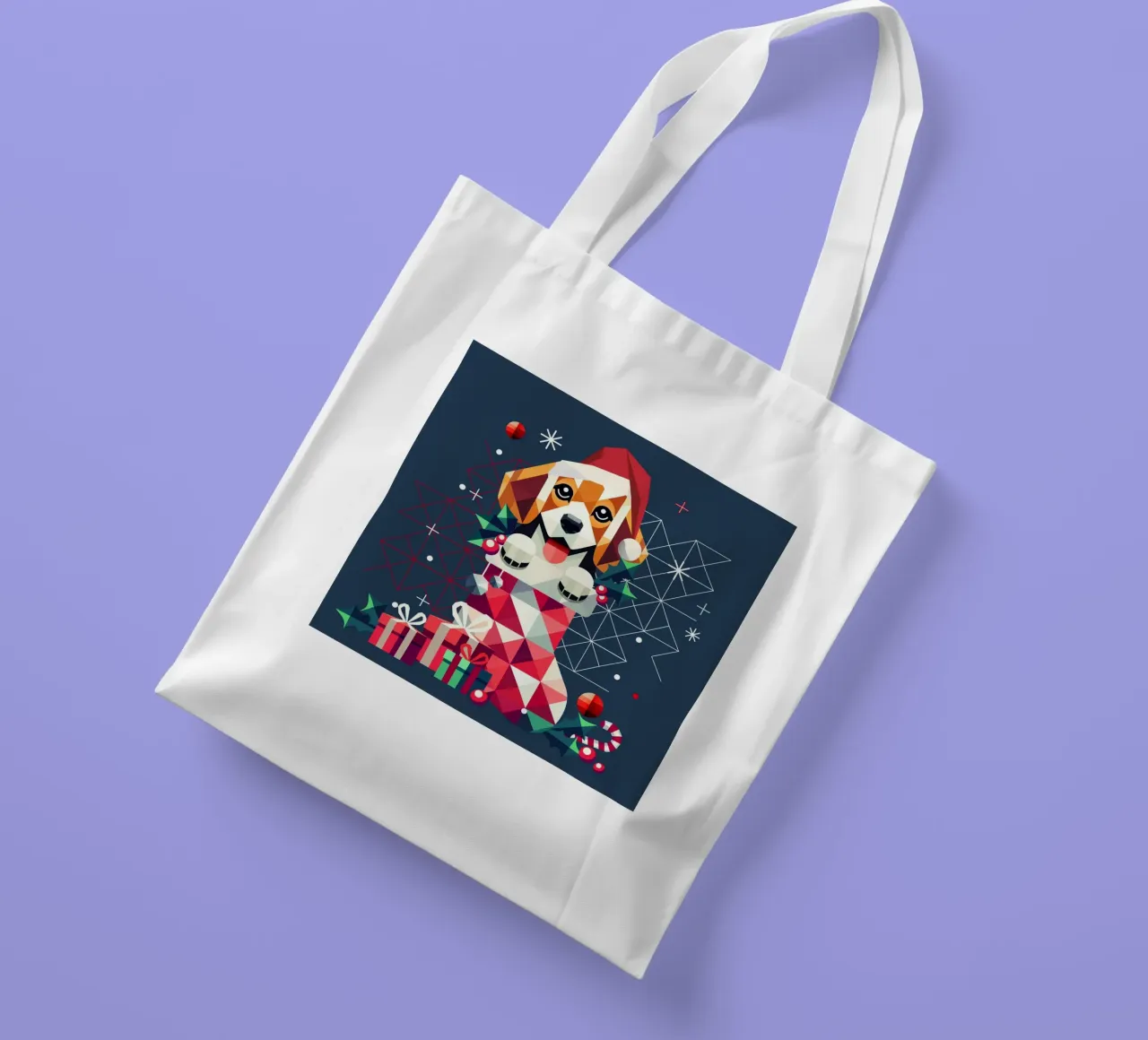 Beagle in a Christmas stocking-Festive geometric design tote bag by namosh