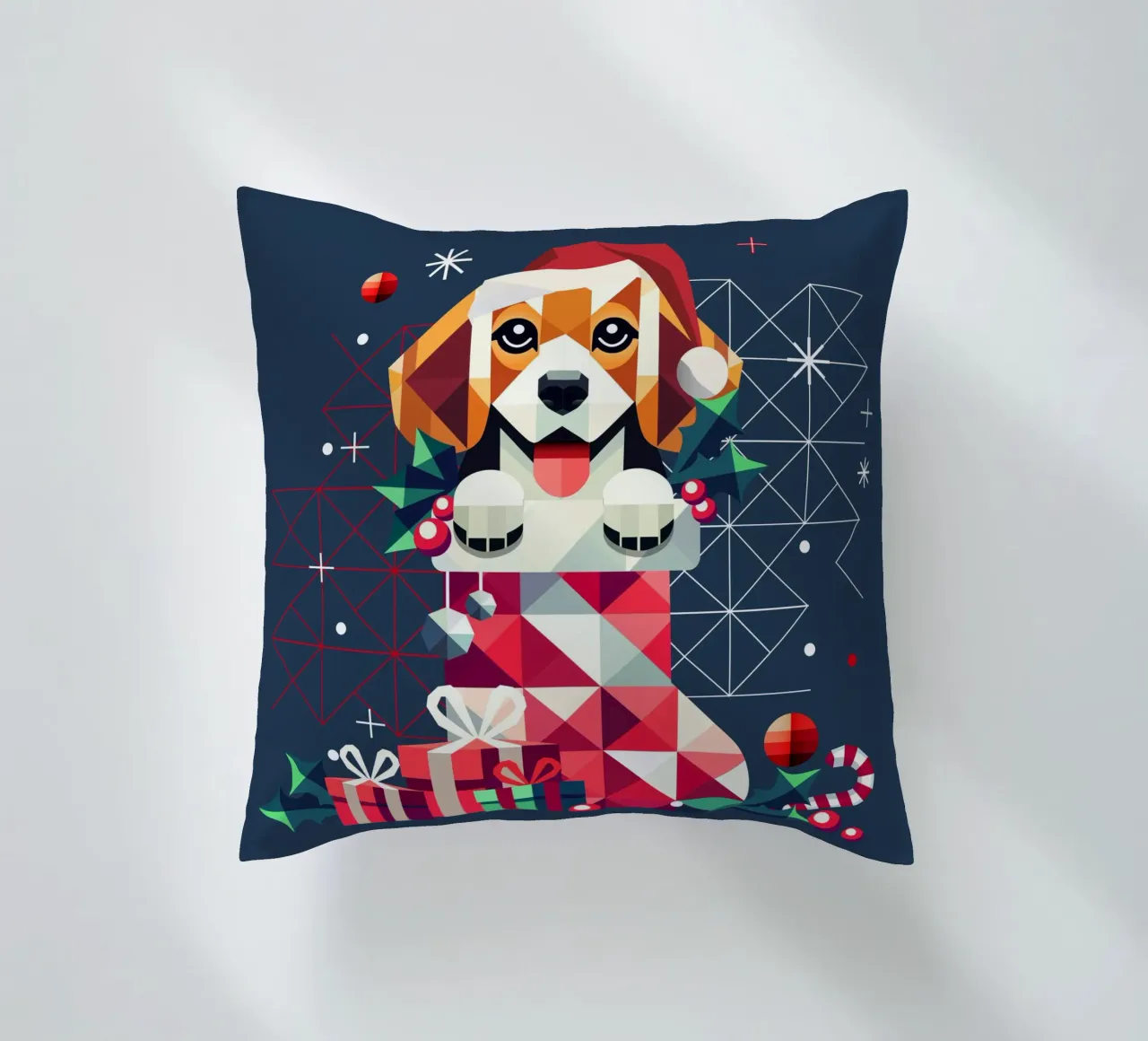 Beagle in una calza di Natale - Disegno geometrico festivo cuscino da namosh